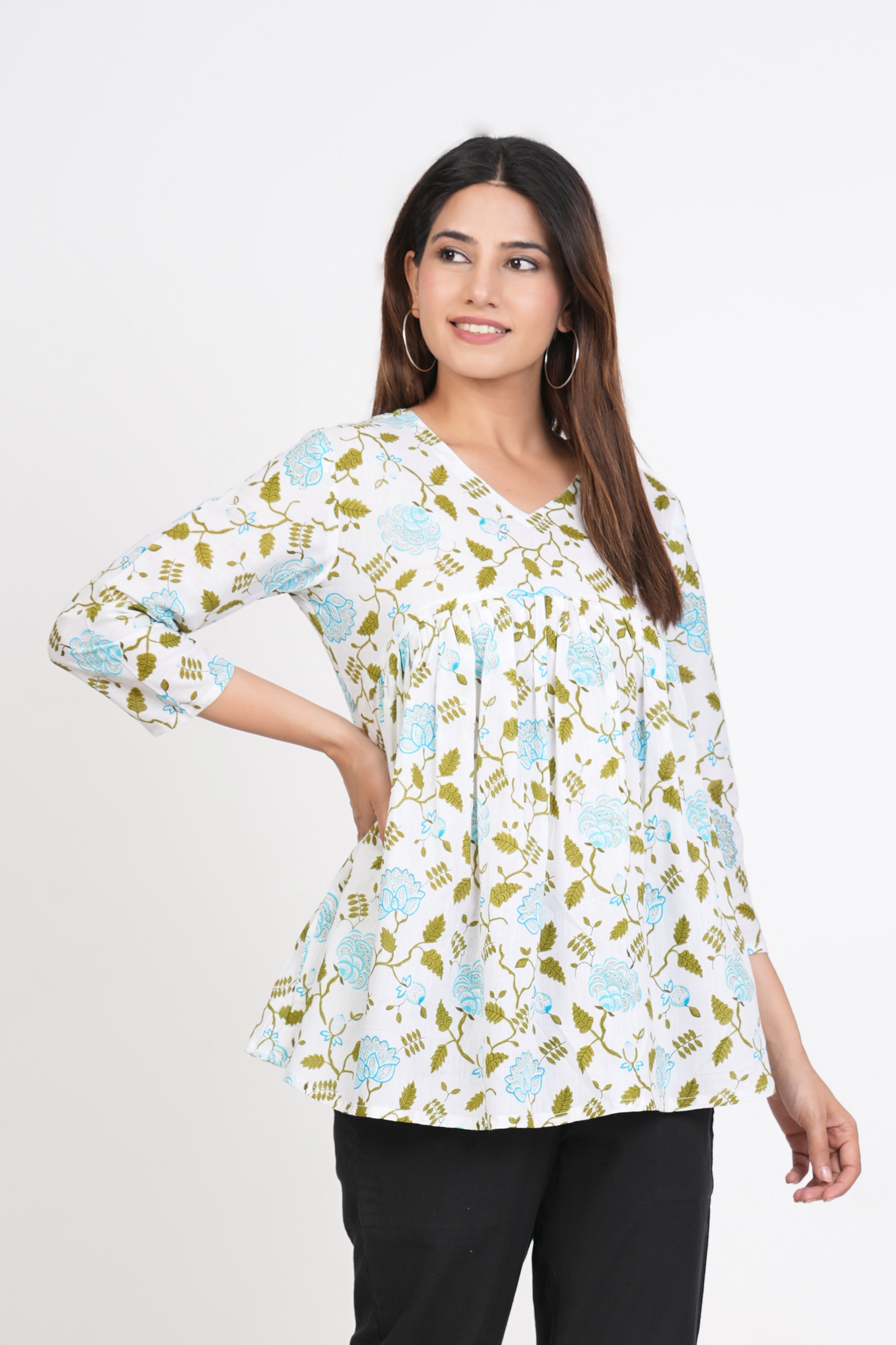 White & Green Peplum Cotton Kurti