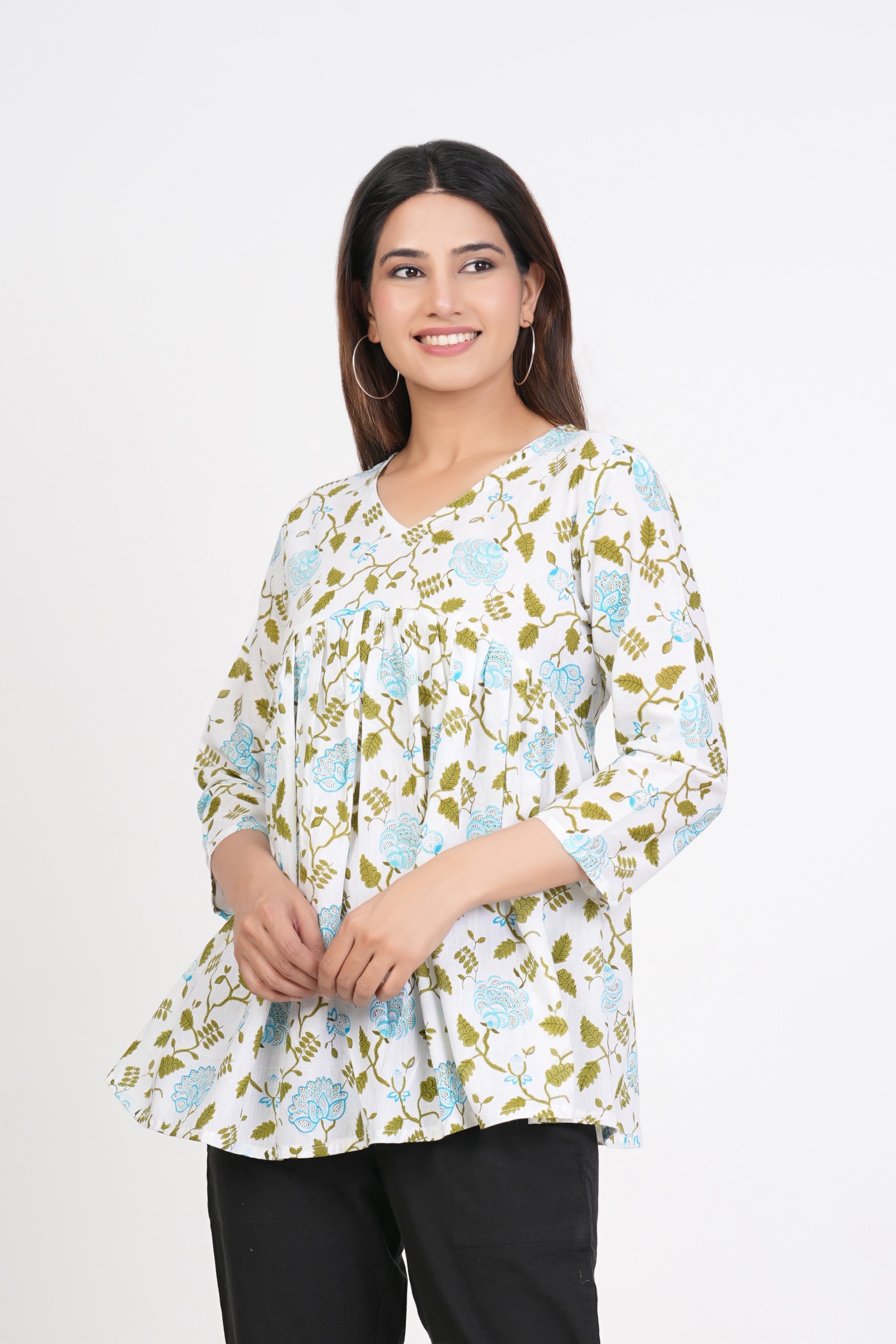 White & Green Peplum Cotton Kurti