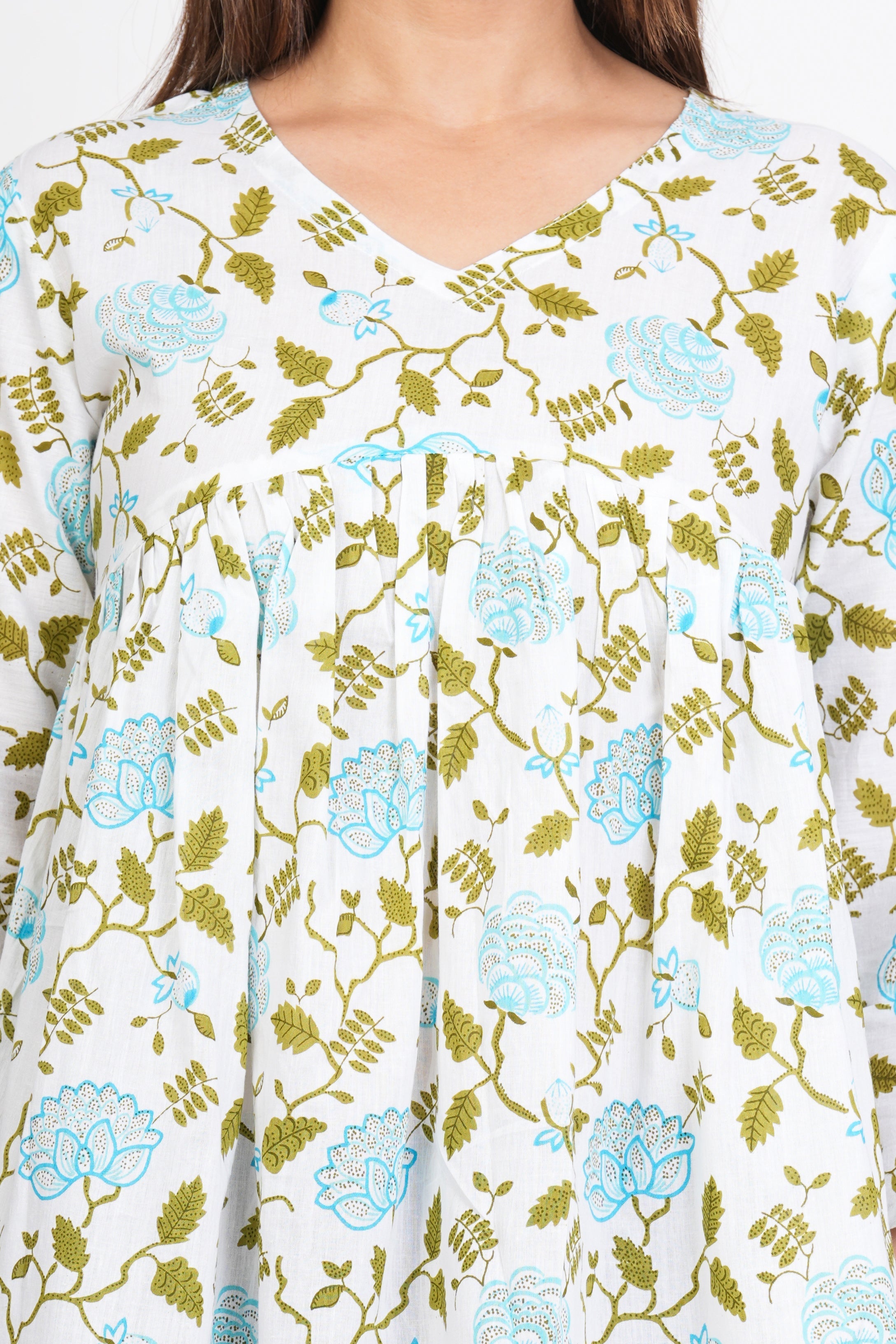 White & Green Peplum Cotton Kurti