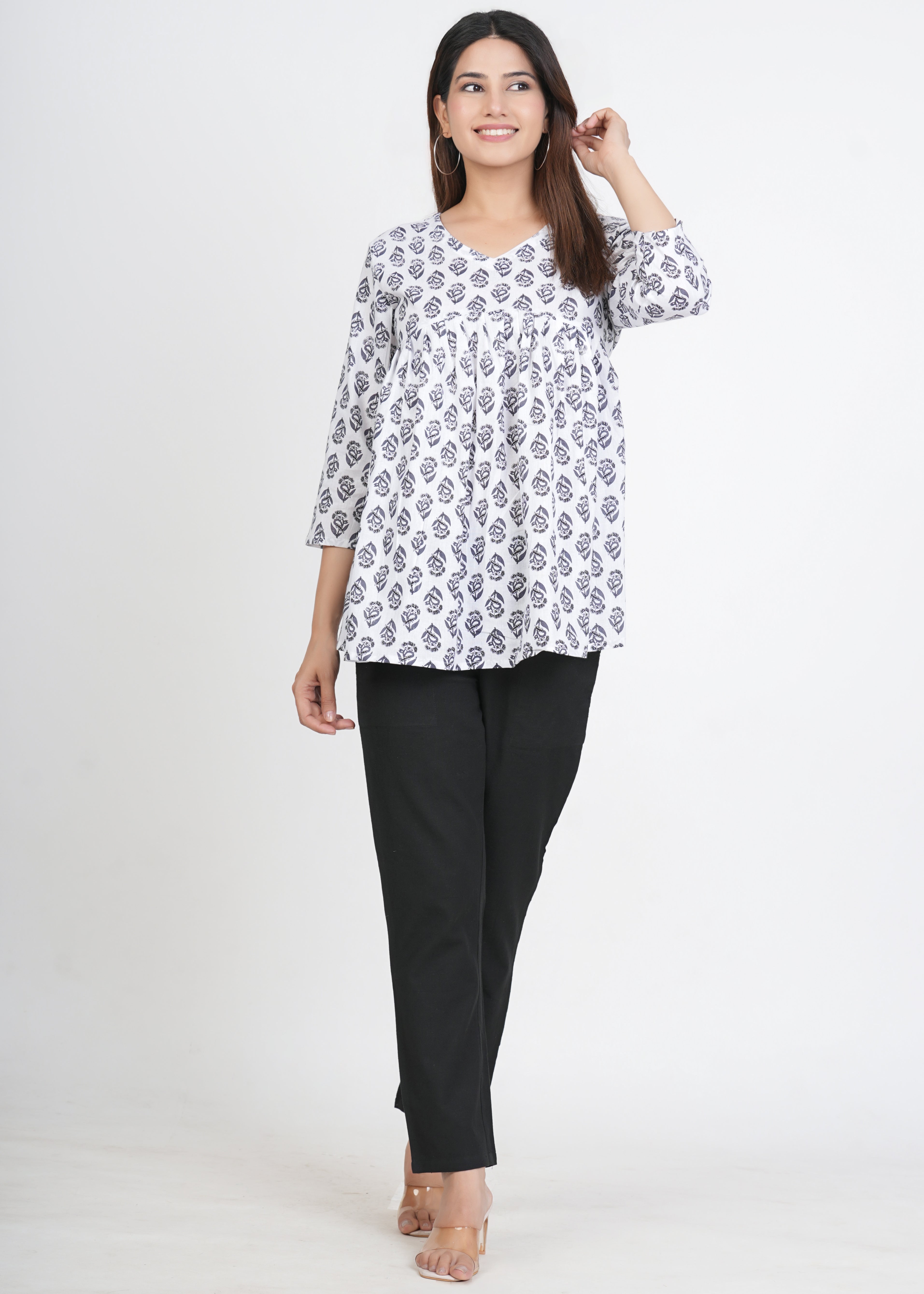 White & Black Peplum Cotton Kurti