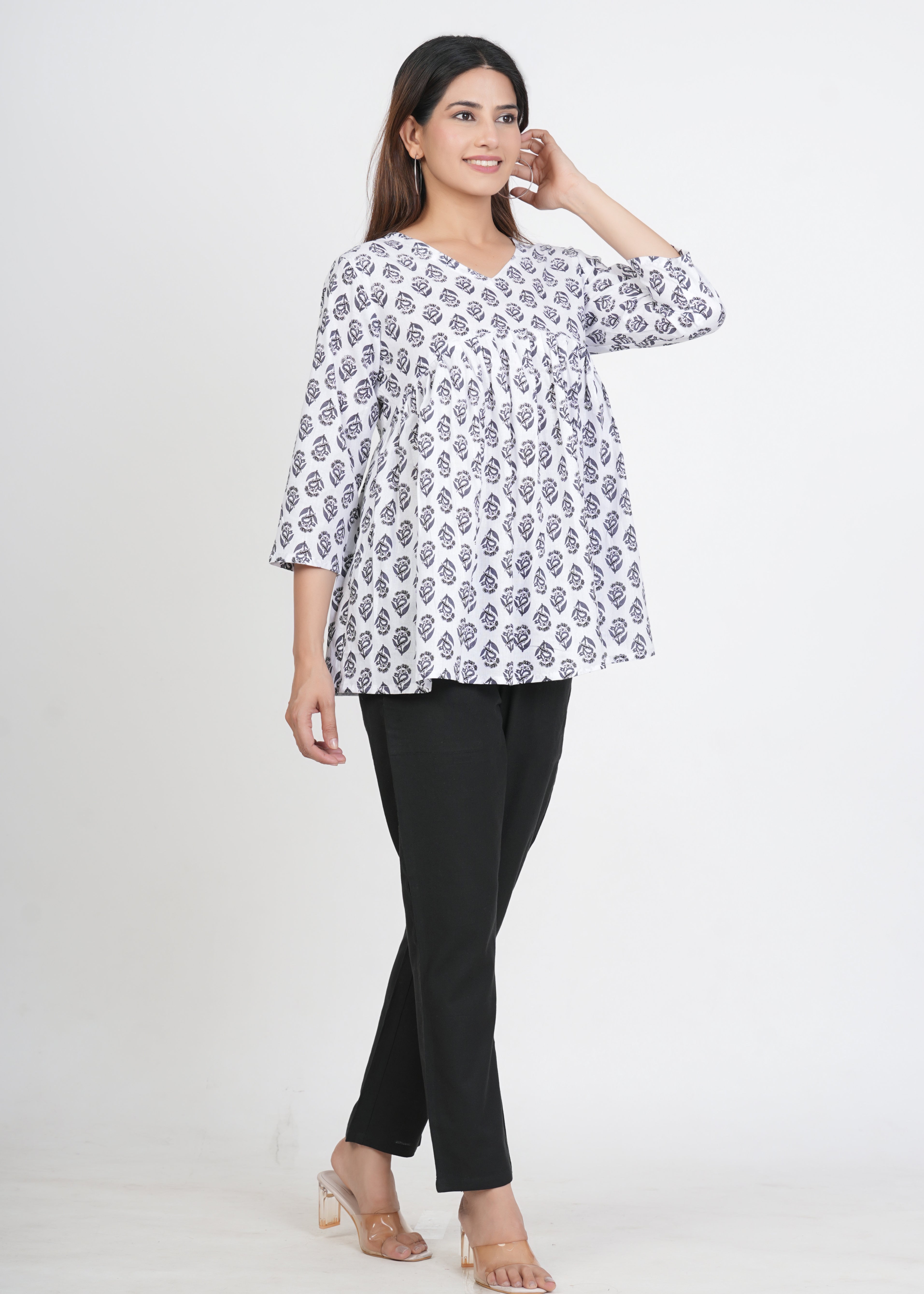 White & Black Peplum Cotton Kurti