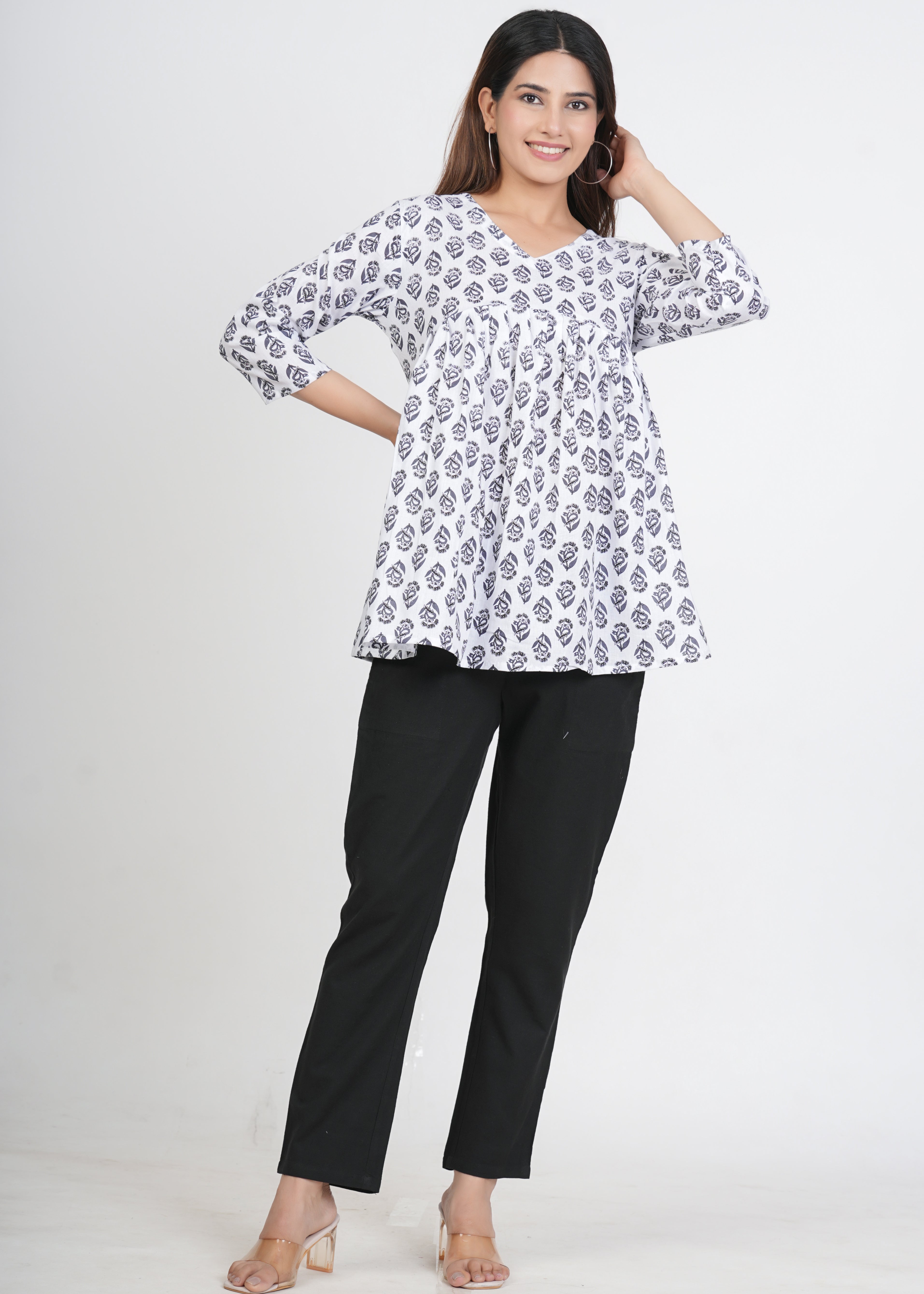 White & Black Peplum Cotton Kurti