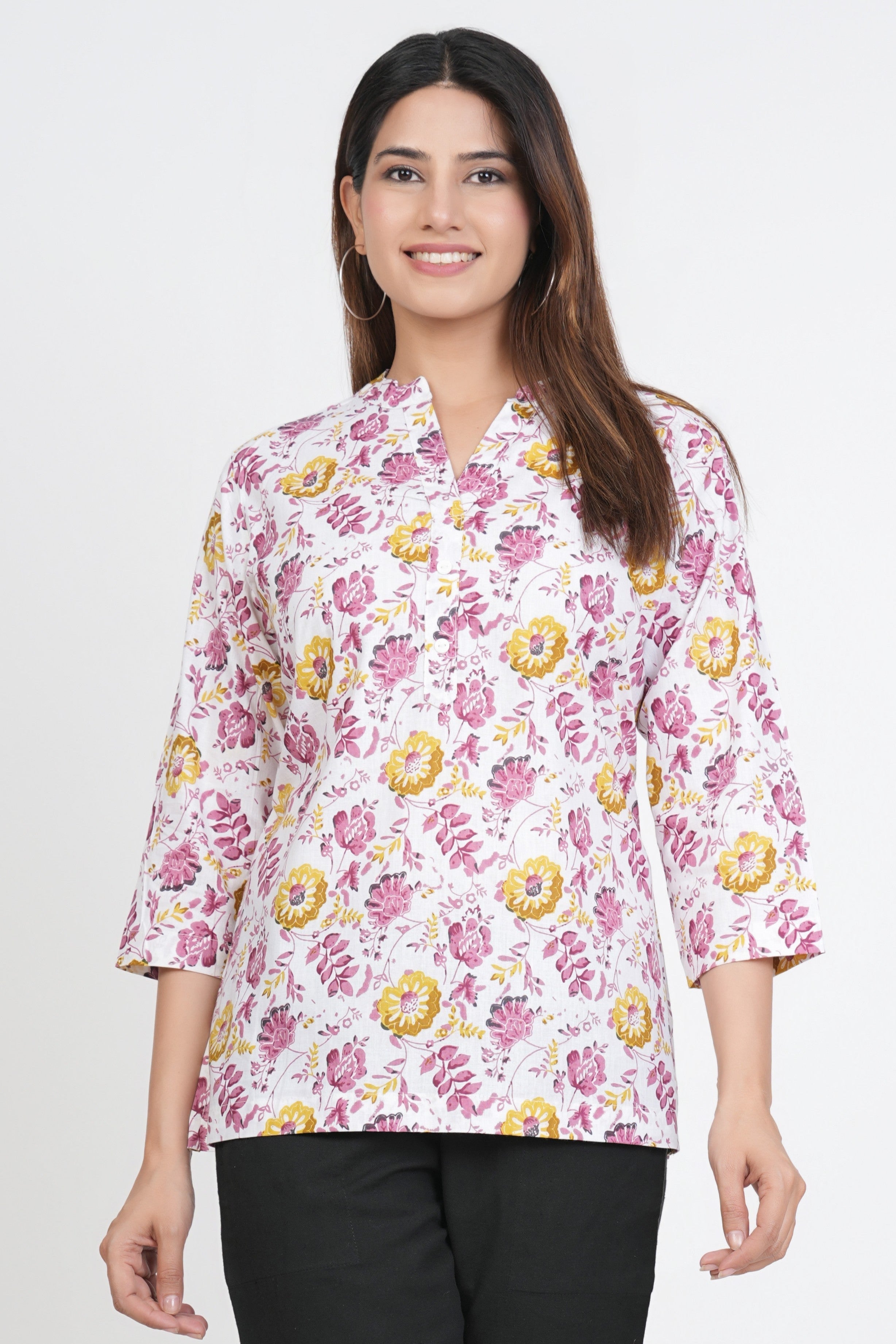 White-Purple Short Straight Cotton Kurta