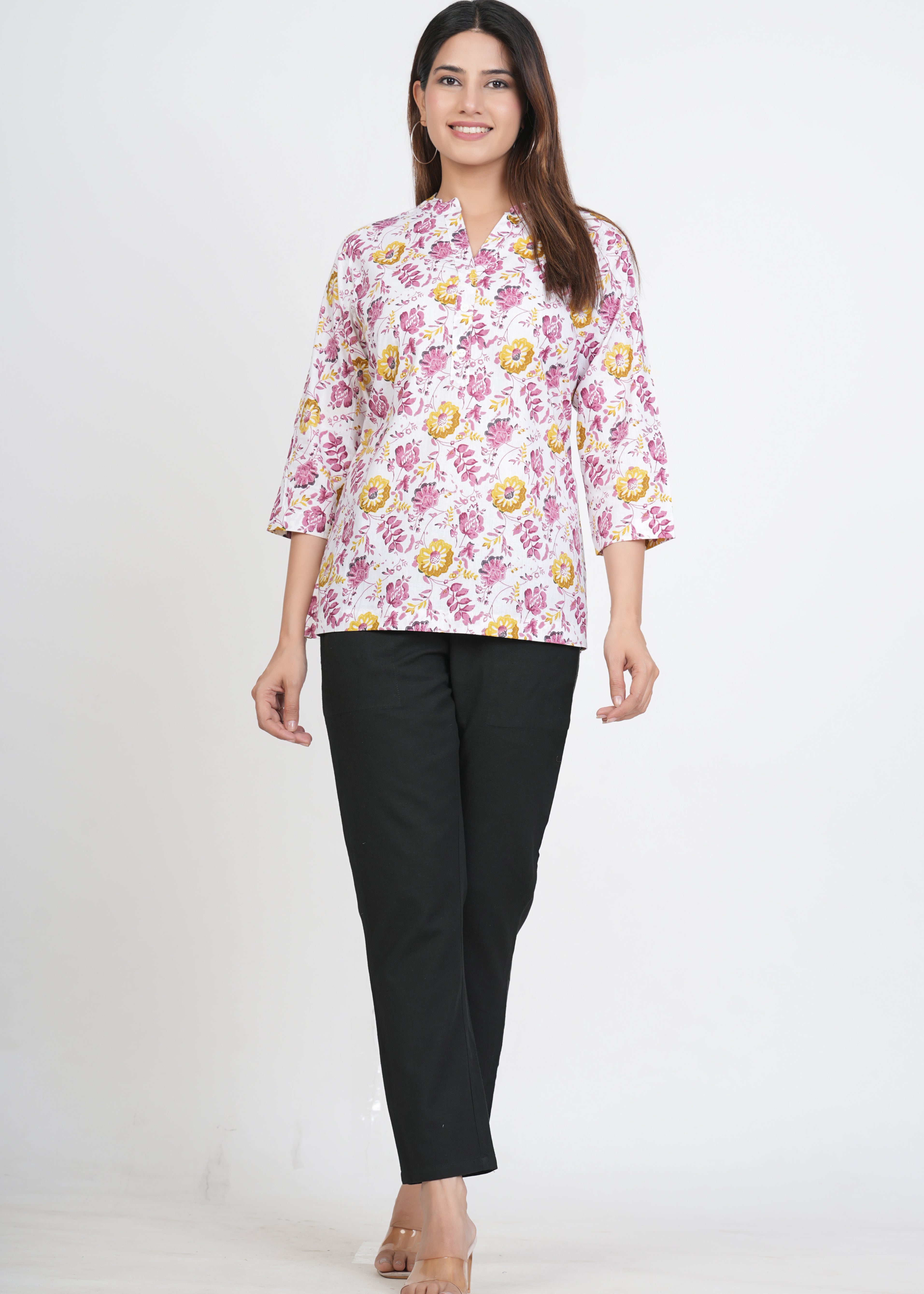 White-Purple Short Straight Cotton Kurta