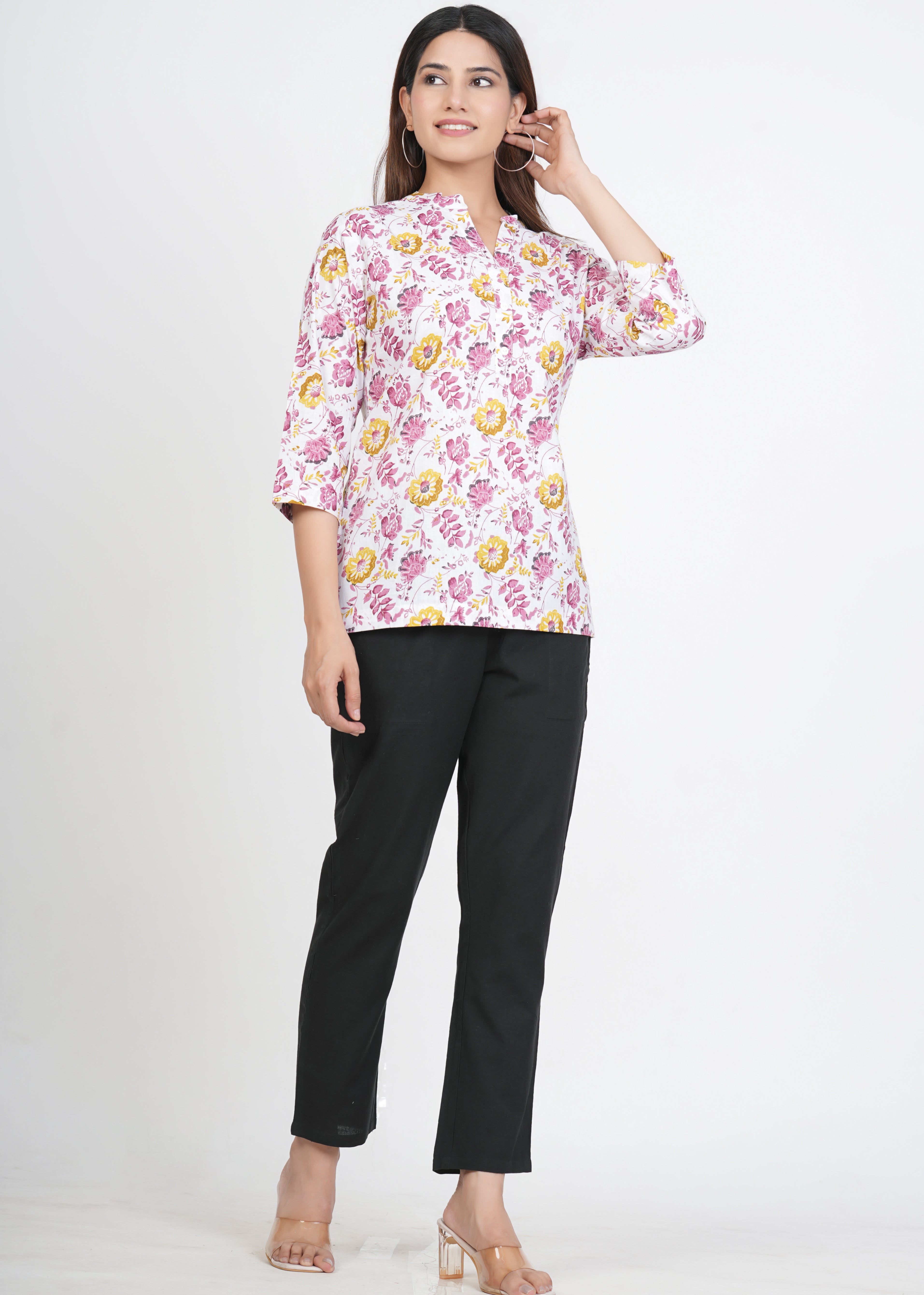 White-Purple Short Straight Cotton Kurta