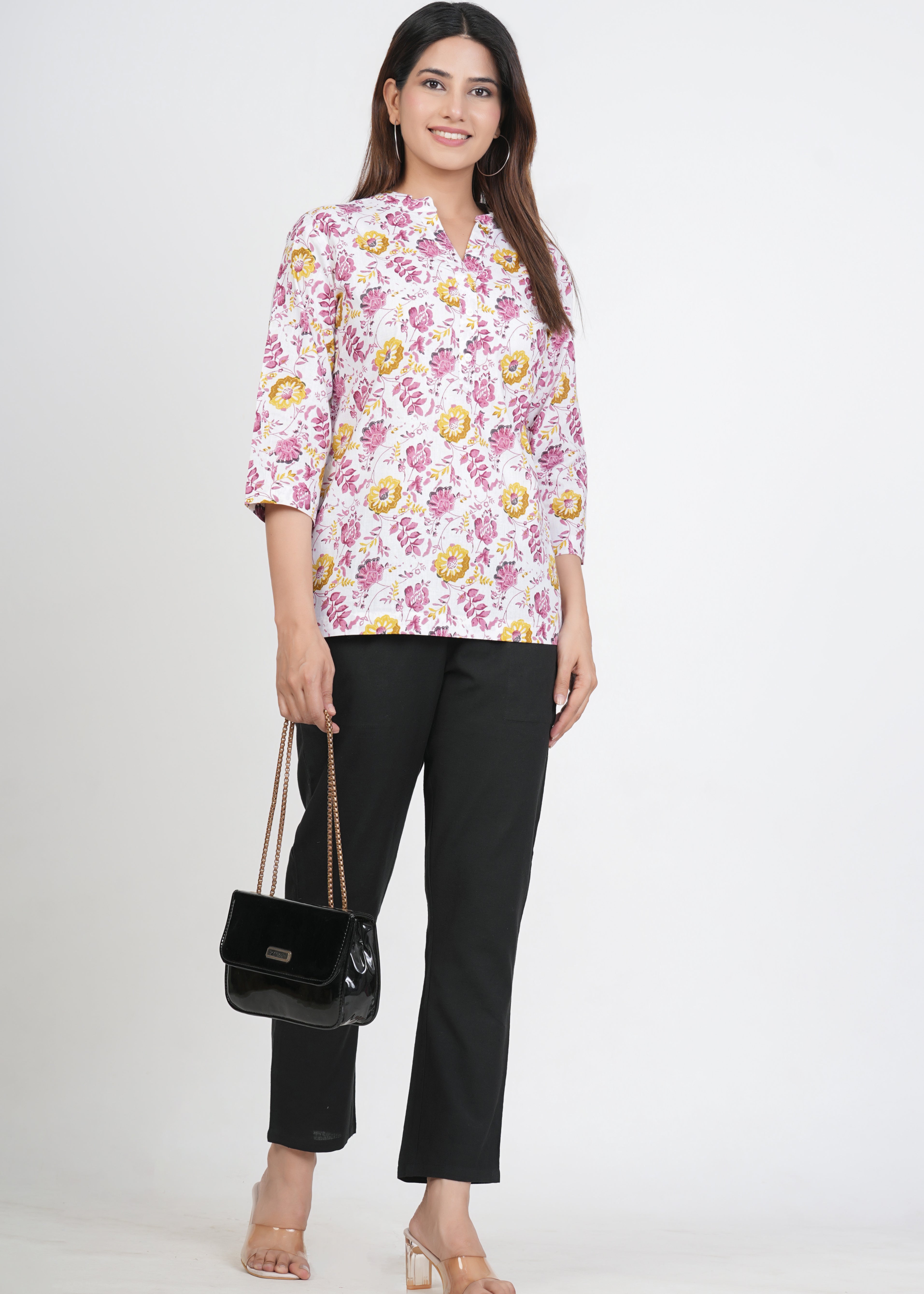 White-Purple Short Straight Cotton Kurta