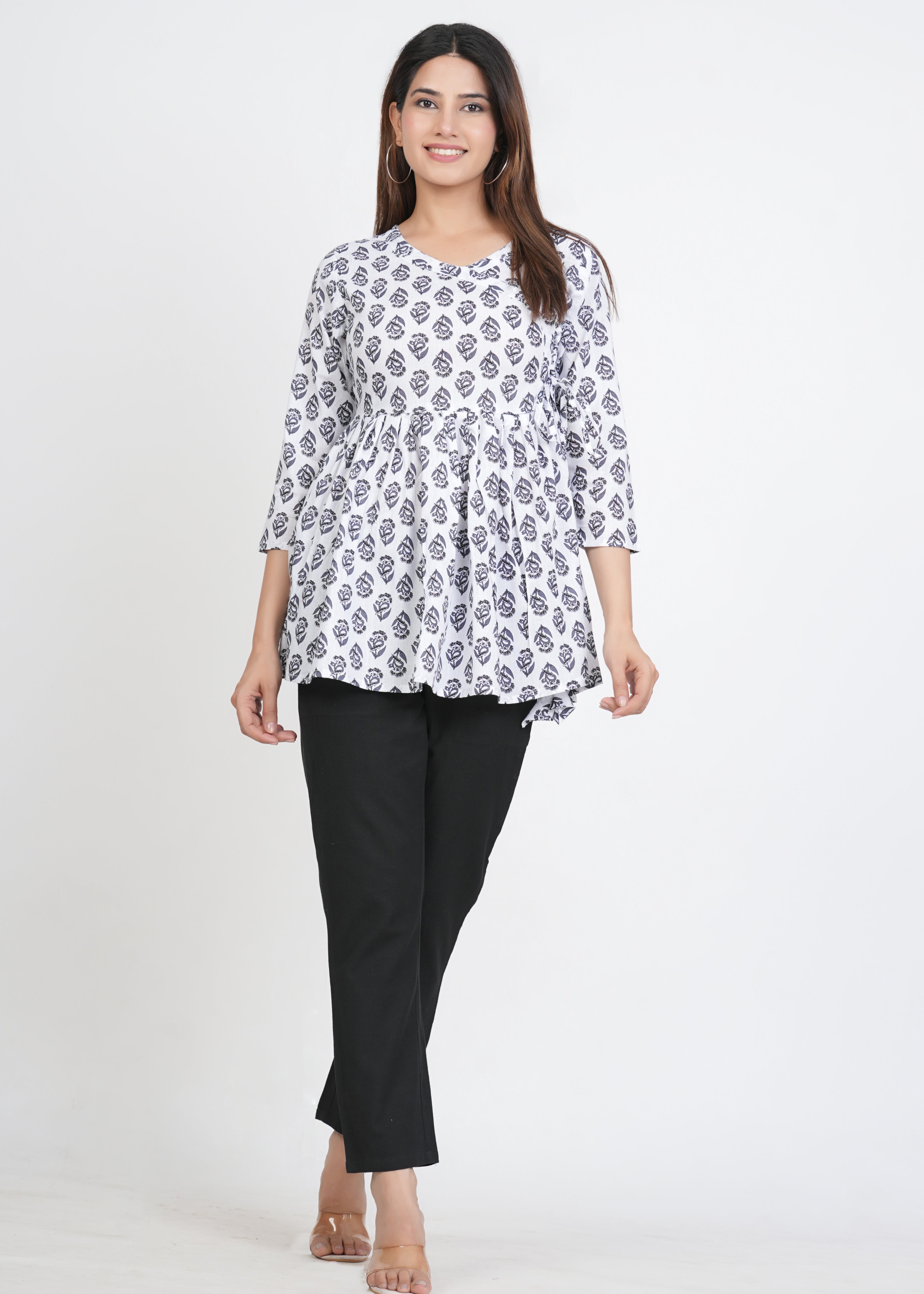 White & Black Angrakha Rajasthani Kurti