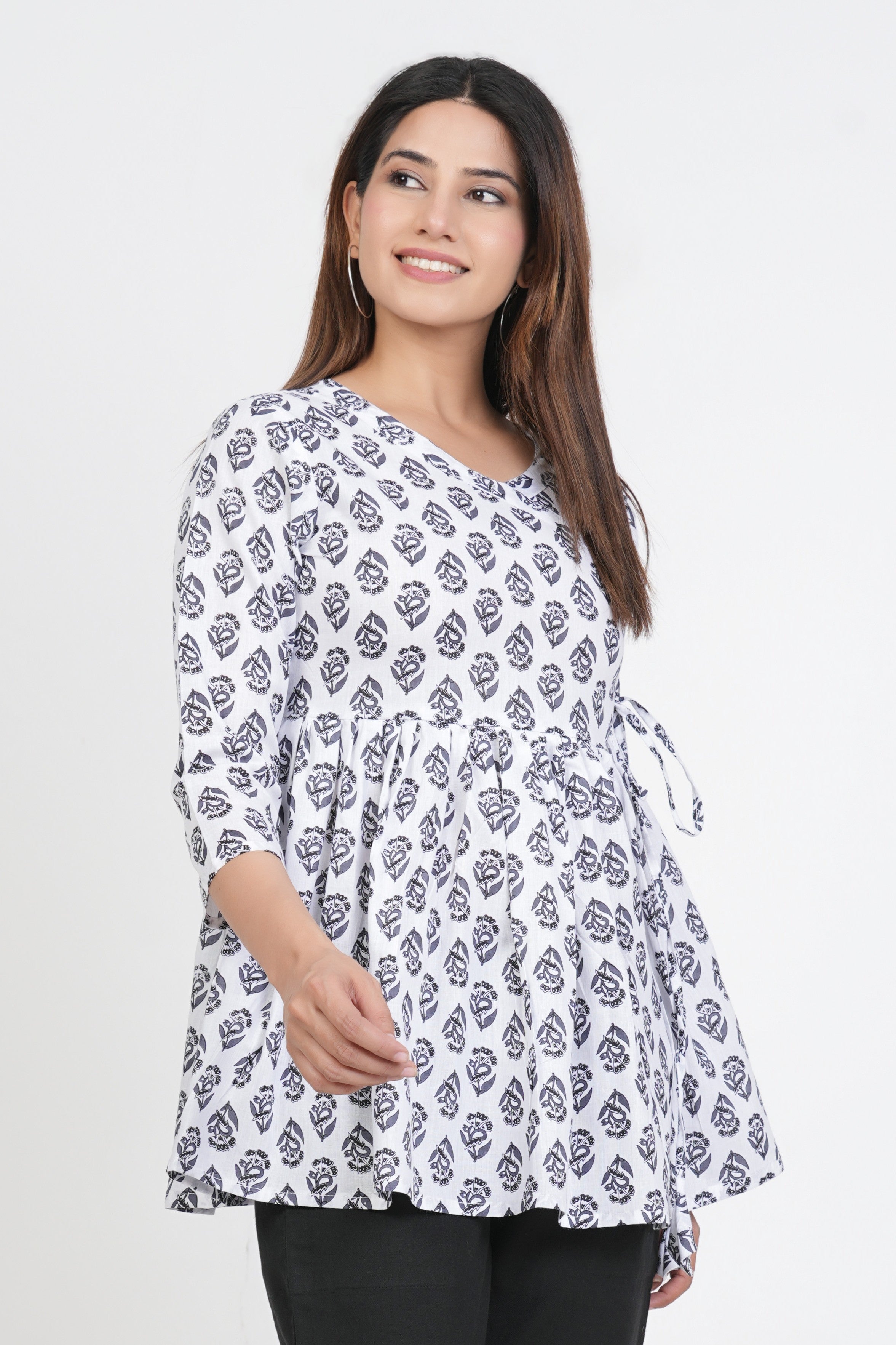 White & Black Angrakha Rajasthani Kurti