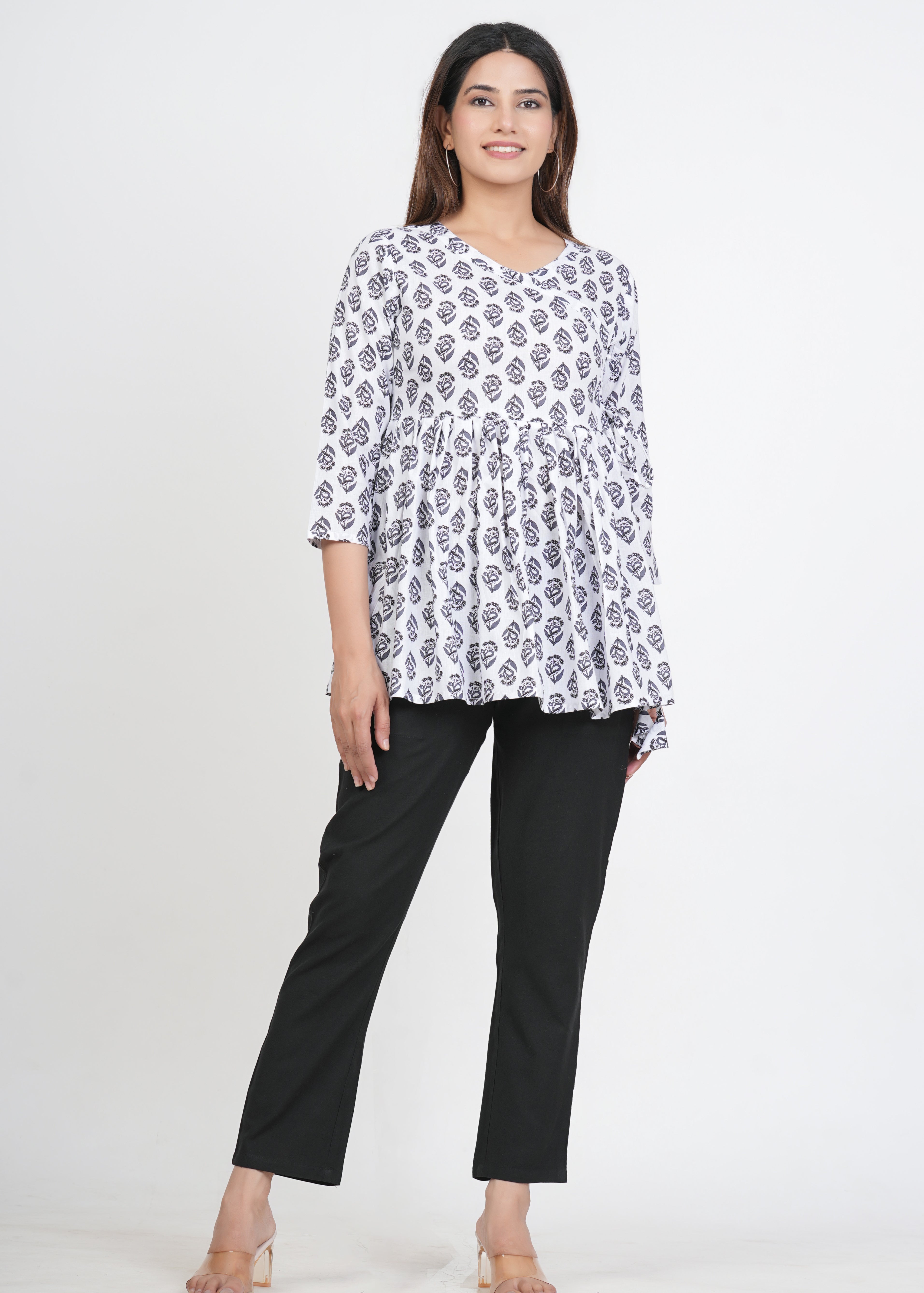 White & Black Angrakha Rajasthani Kurti
