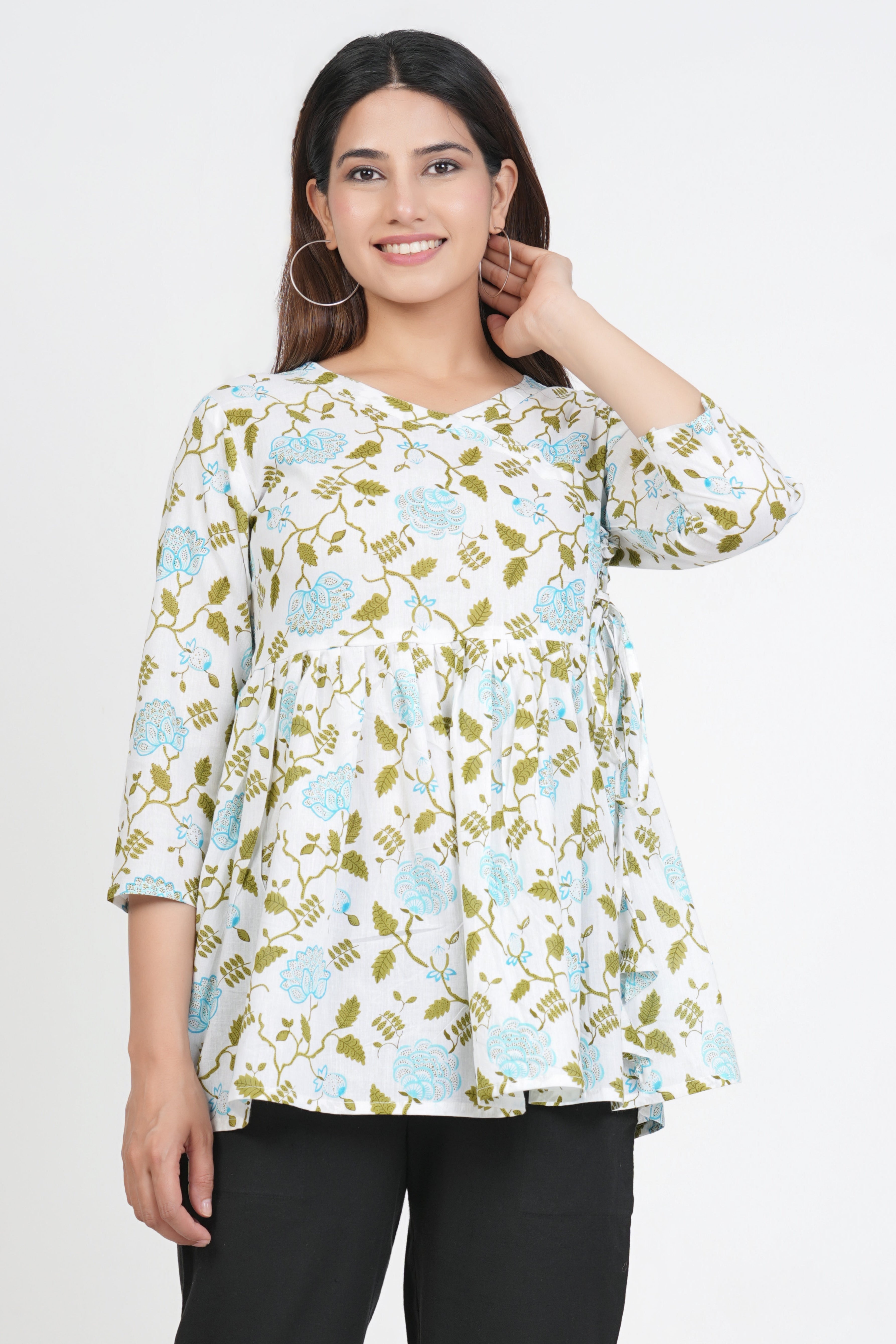 White & Green Angrakha Rajasthani Kurti
