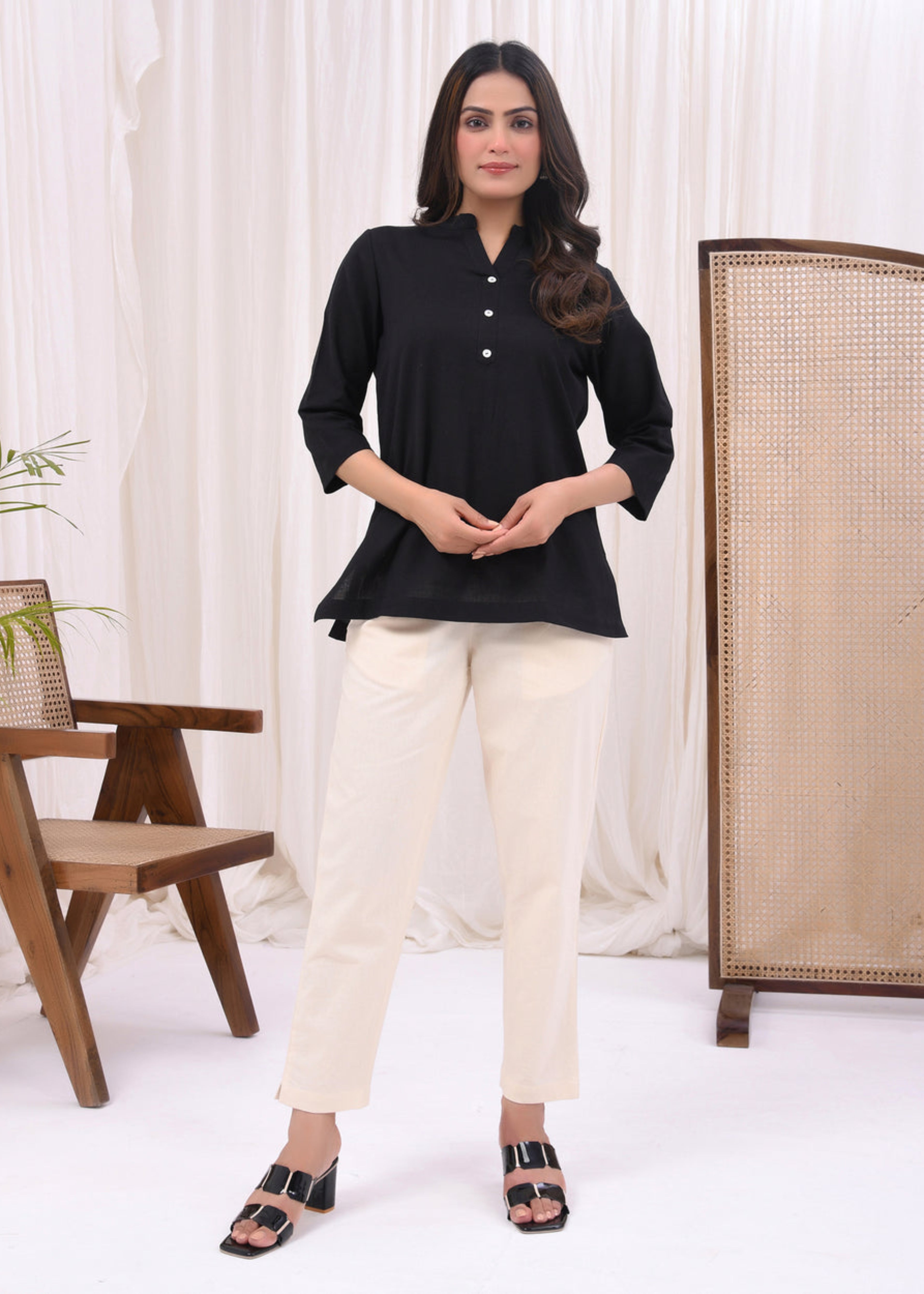 Black Pure Cotton Short Kurta