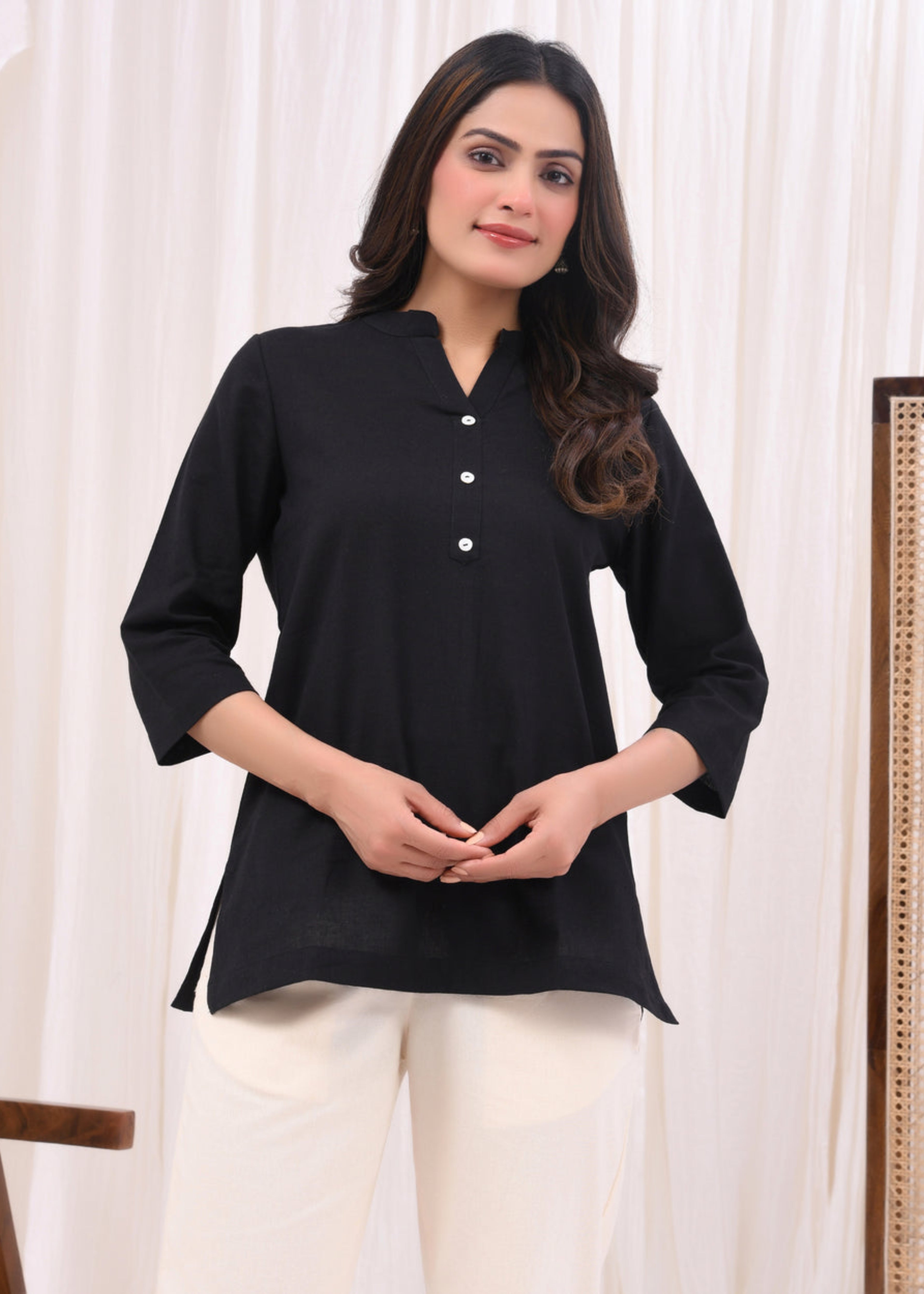 Black Pure Cotton Short Kurta
