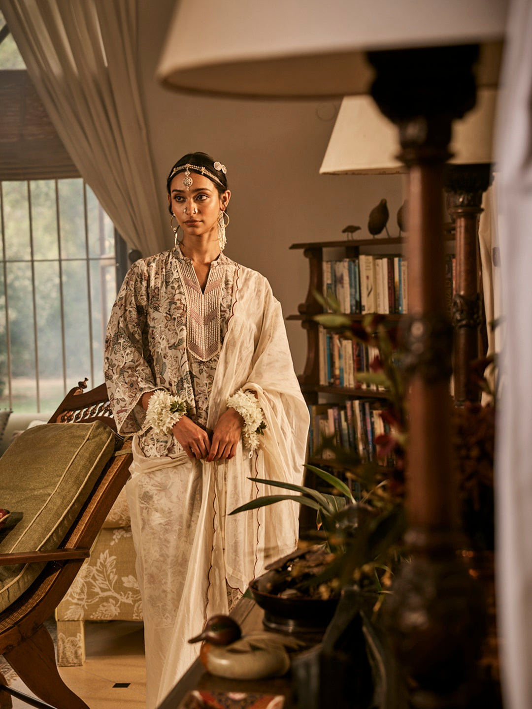 Beige Floral Printed Kurta Set with  Organza Dupatta