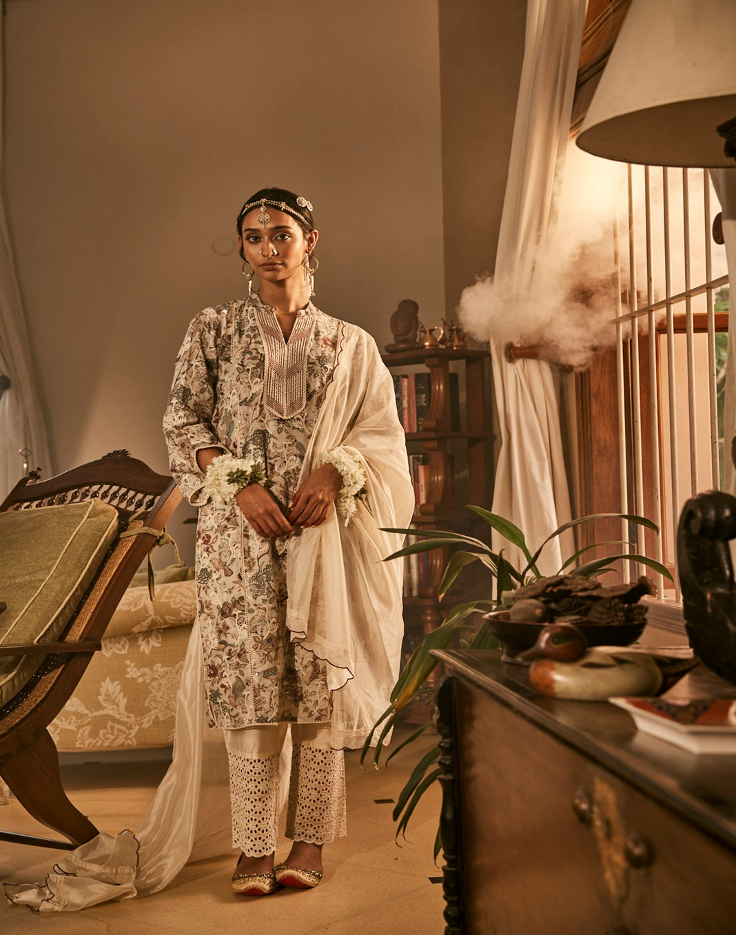 Beige Floral Printed Kurta Set with  Organza Dupatta