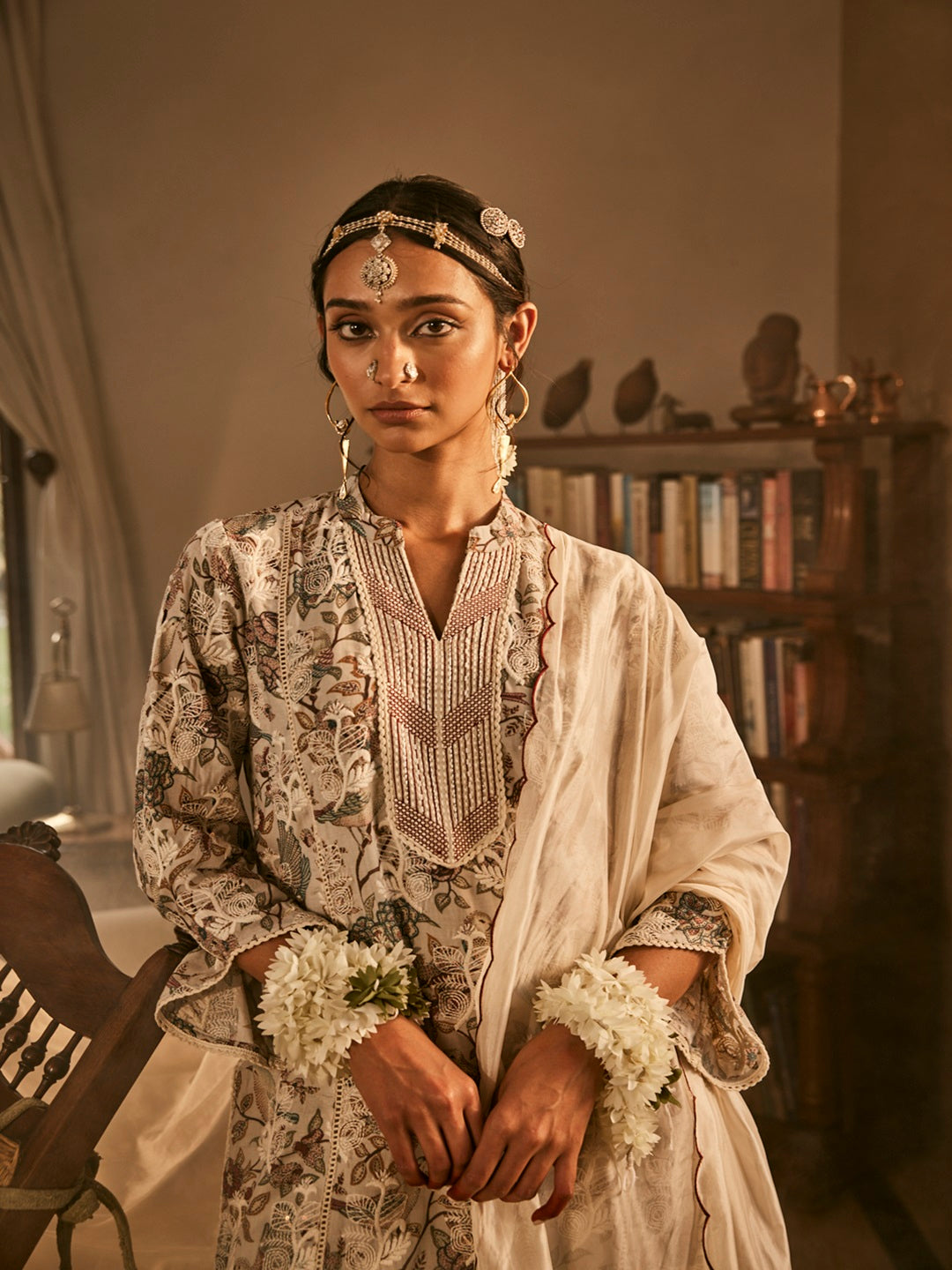 Beige Floral Printed Kurta Set with  Organza Dupatta