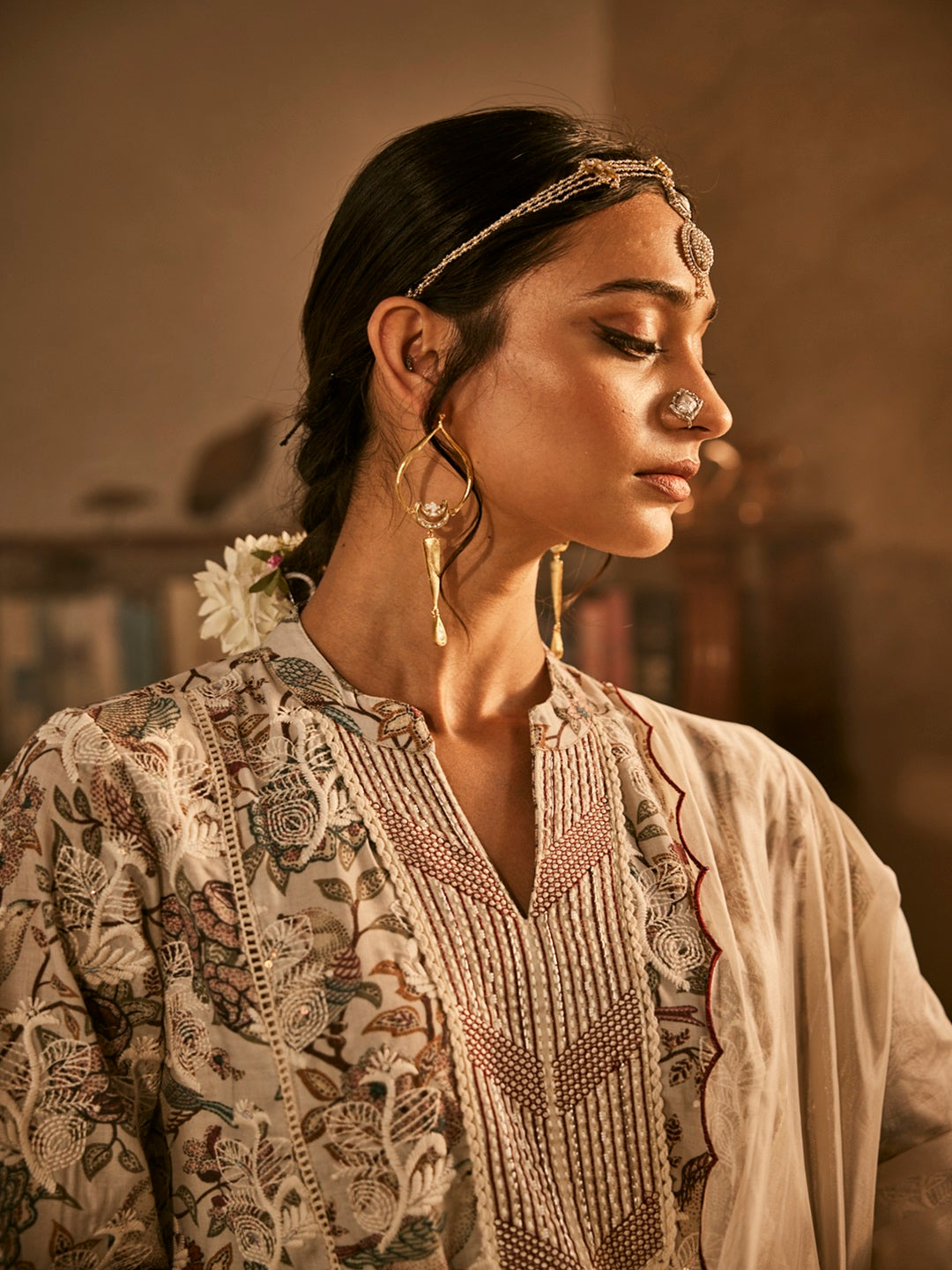 Beige Floral Printed Kurta Set with  Organza Dupatta