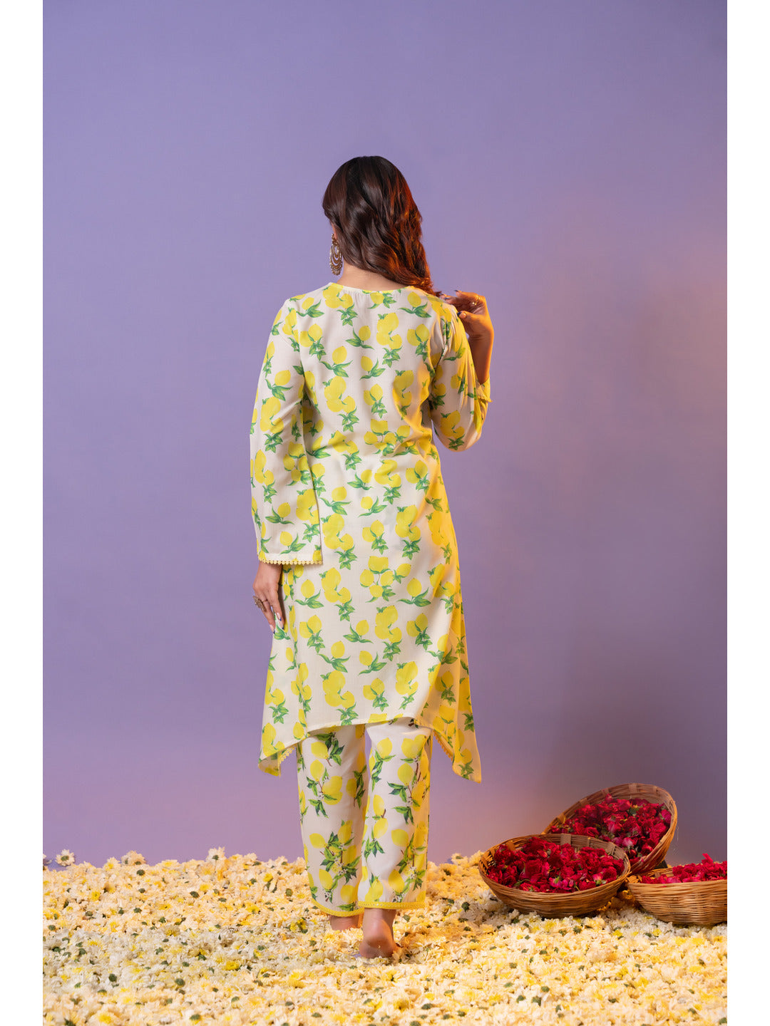 Yellow Printed Flared Kurta with Pant
