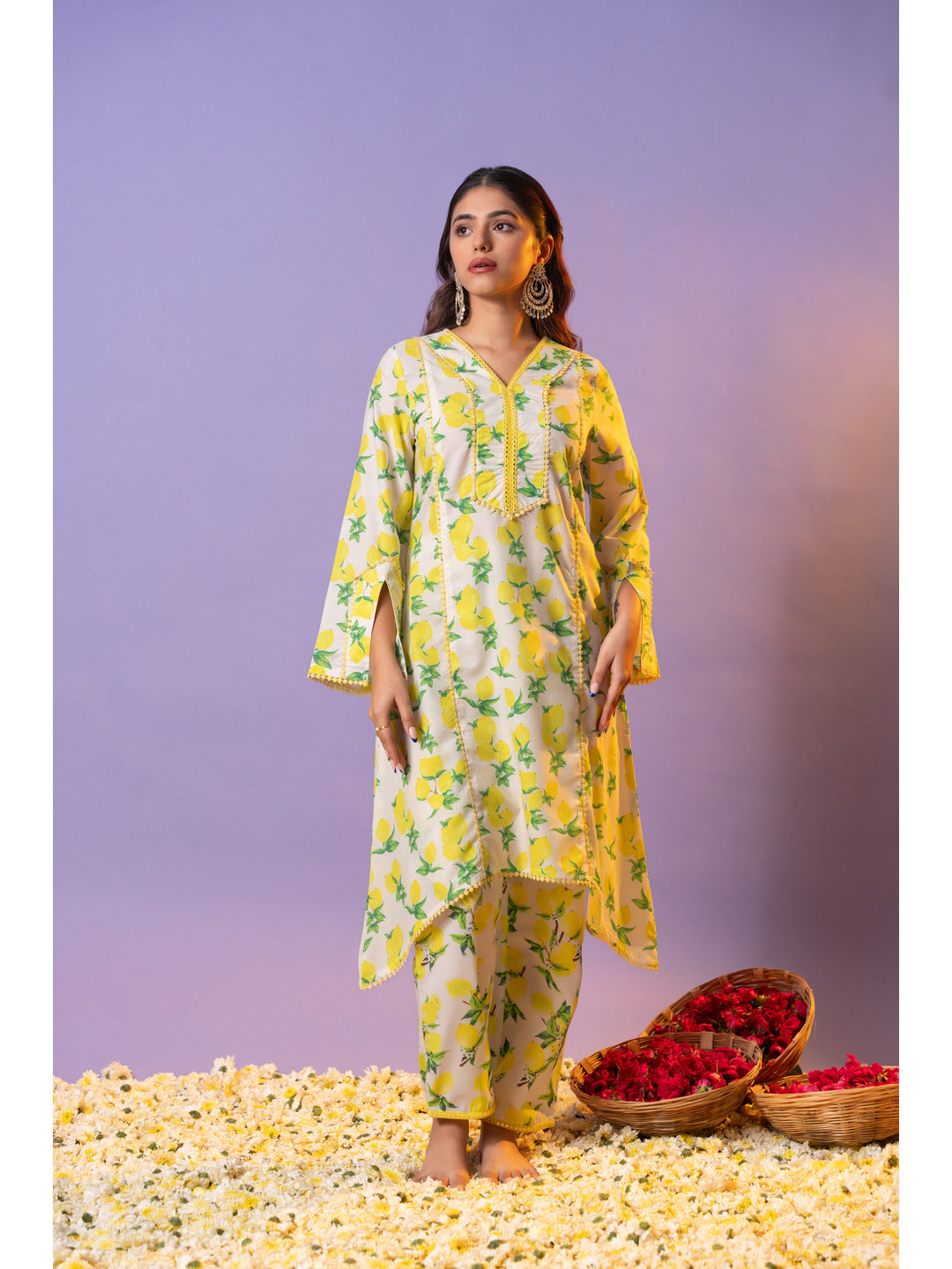 Yellow Printed Flared Kurta with Pant
