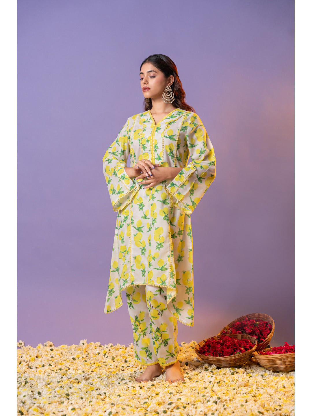 Yellow Printed Flared Kurta with Pant