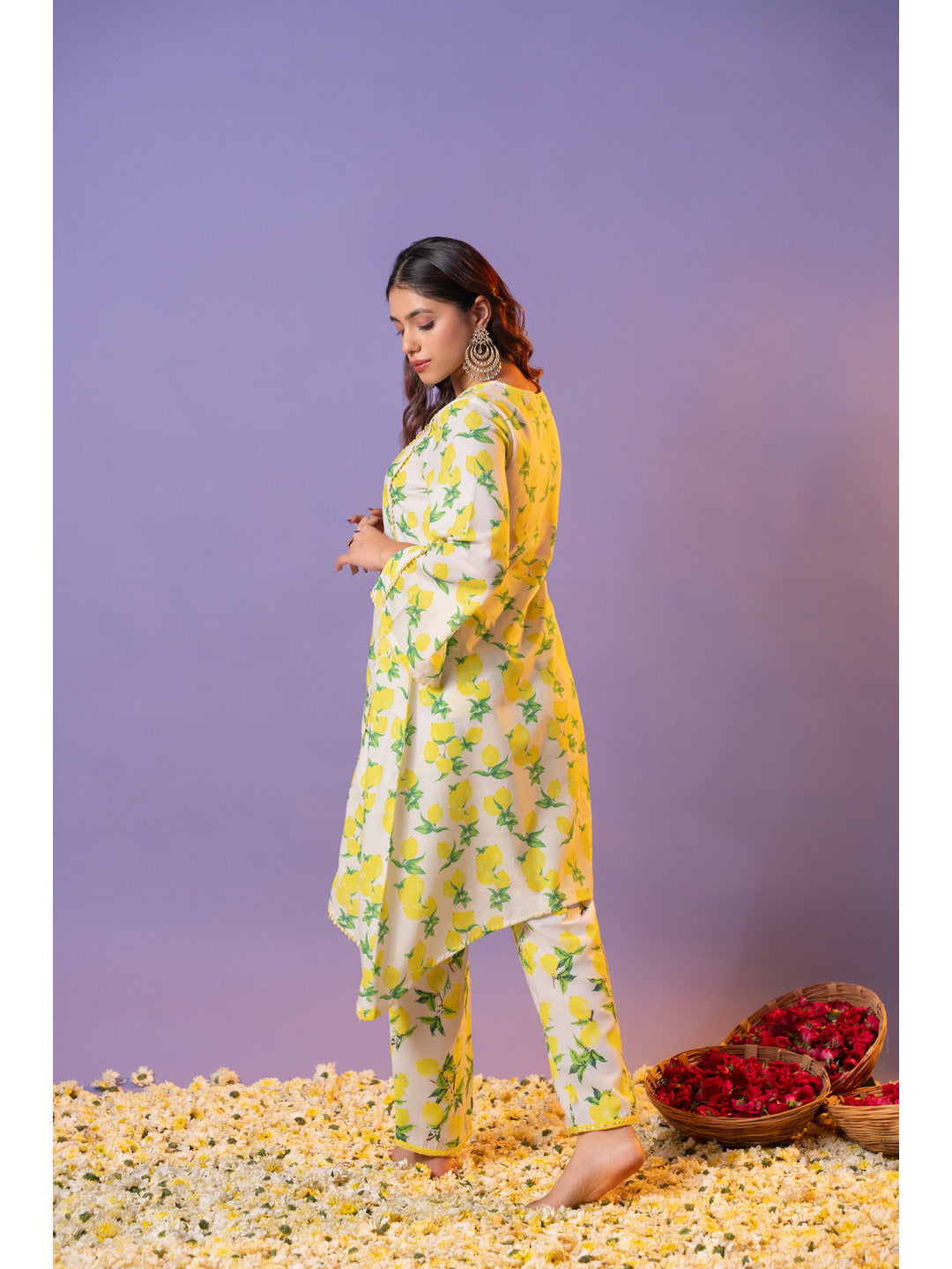 Yellow Printed Flared Kurta with Pant