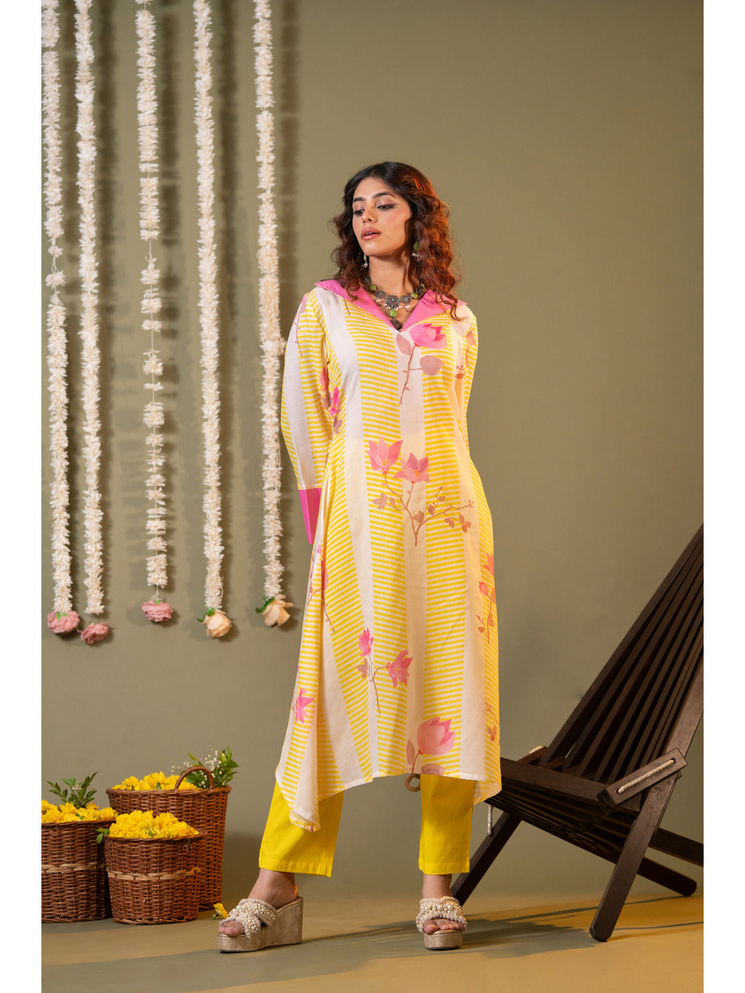 Yellow Floral Printed Kurta with Trouser