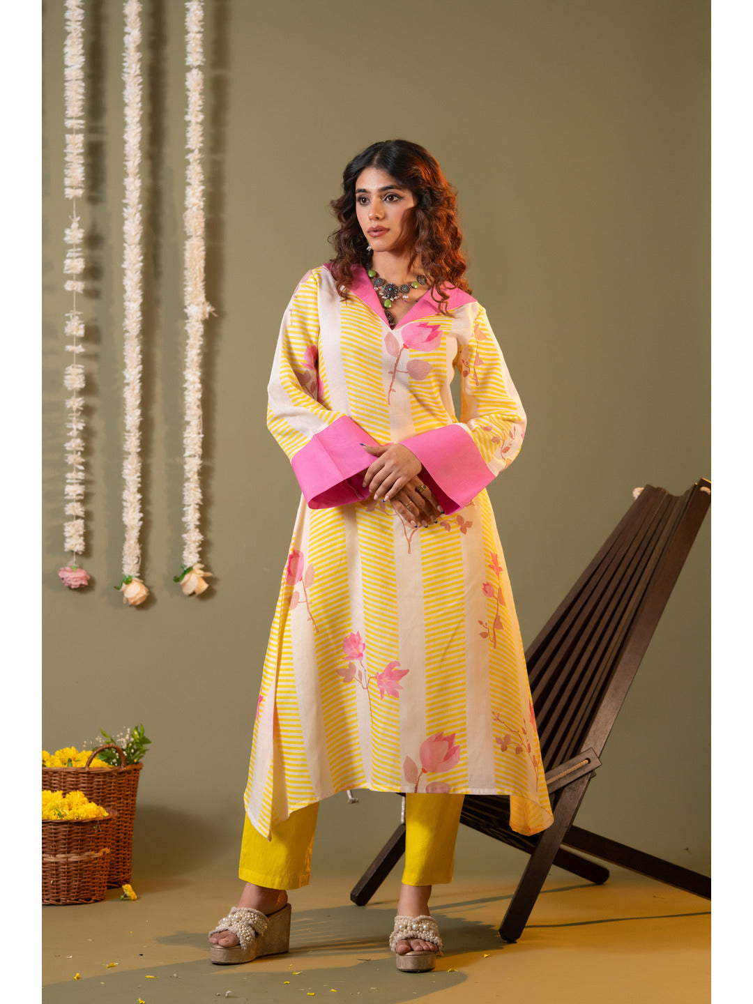 Yellow Floral Printed Kurta with Trouser