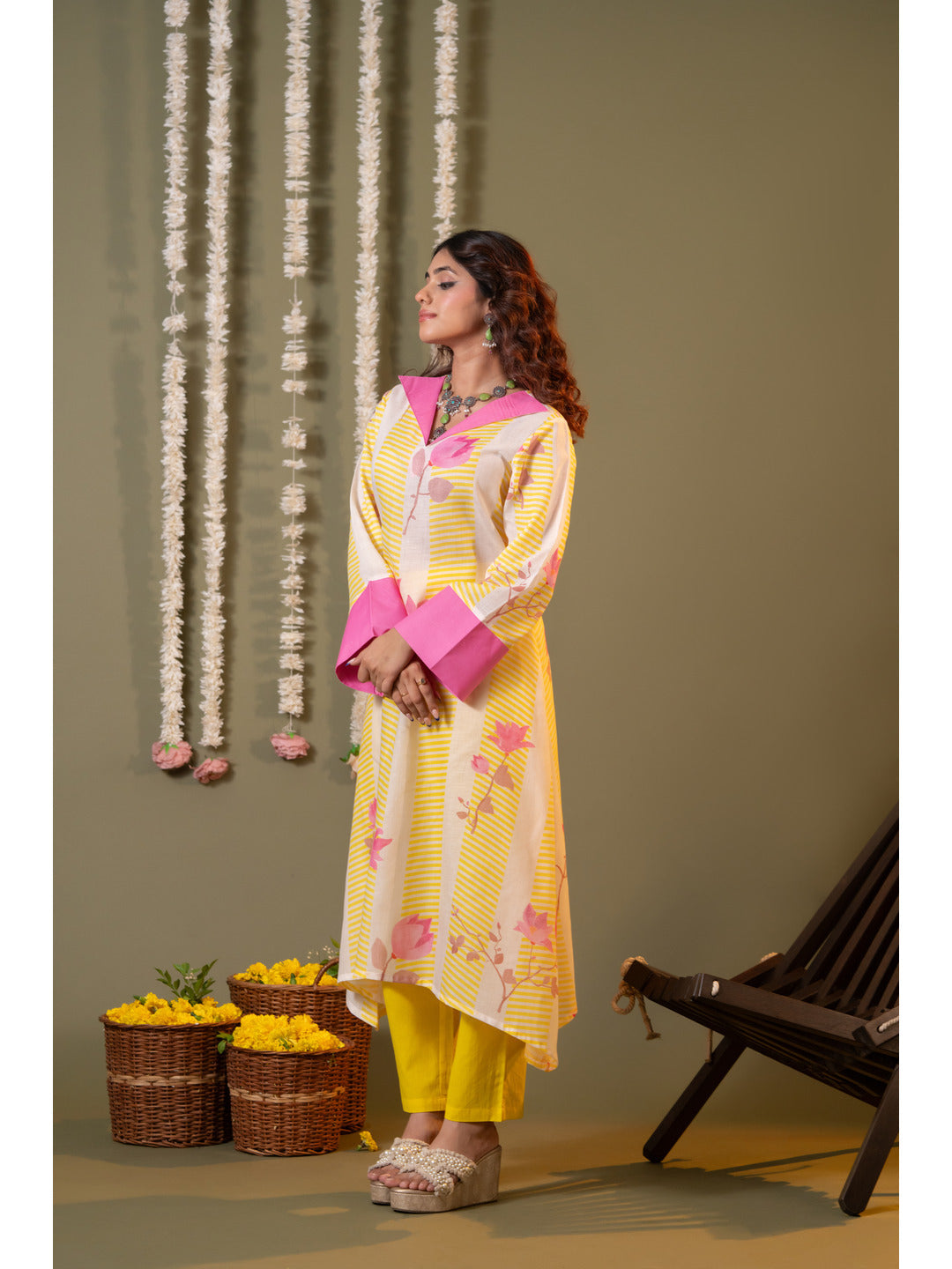 Yellow Floral Printed Kurta with Trouser