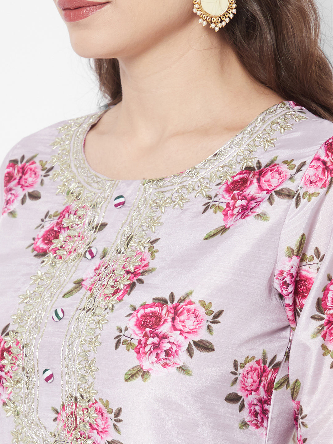 Lavender Floral Printed Chanderi Silk Kurta Set with Organza Dupatta