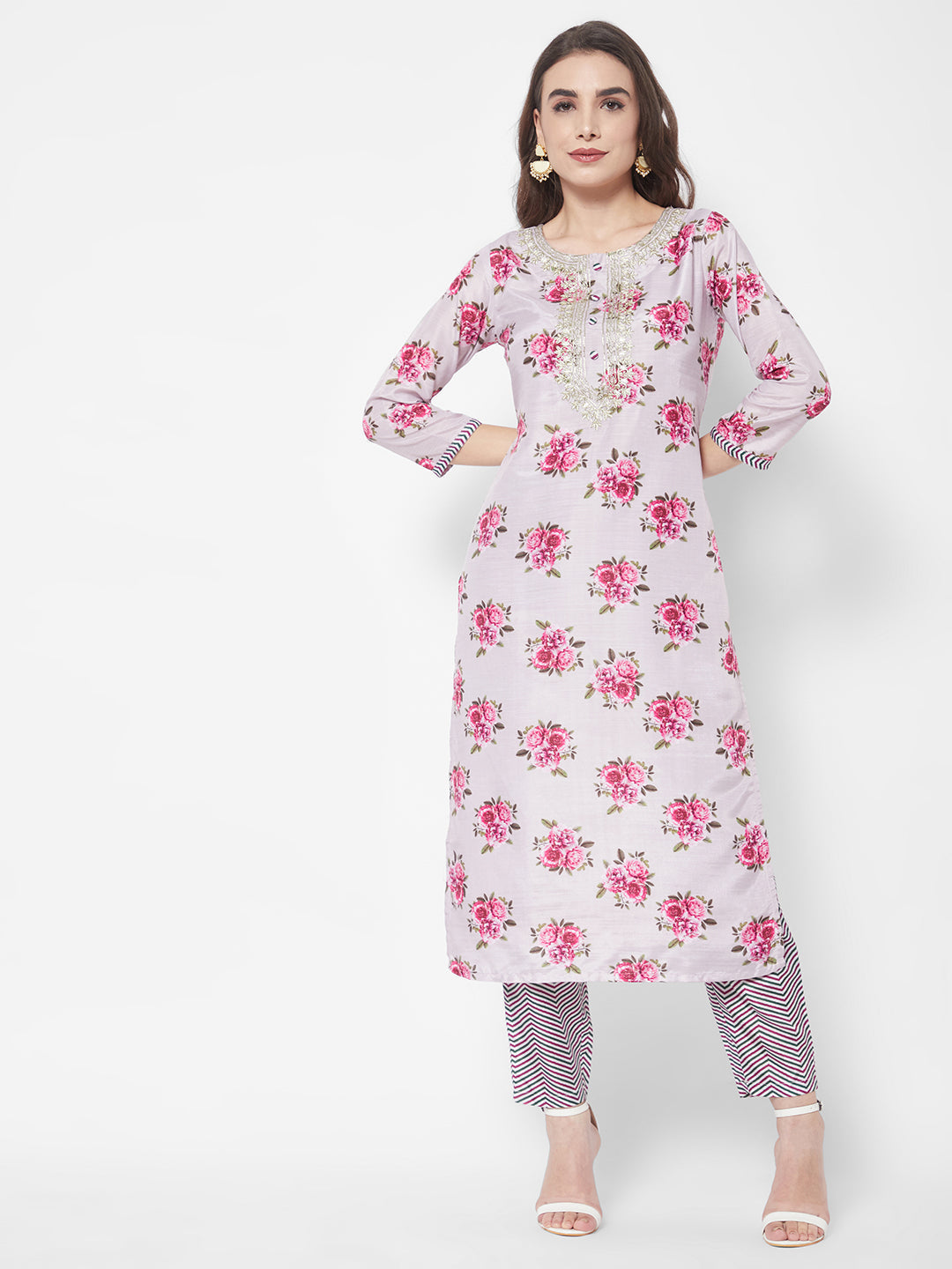 Lavender Floral Printed Chanderi Silk Kurta Set with Organza Dupatta