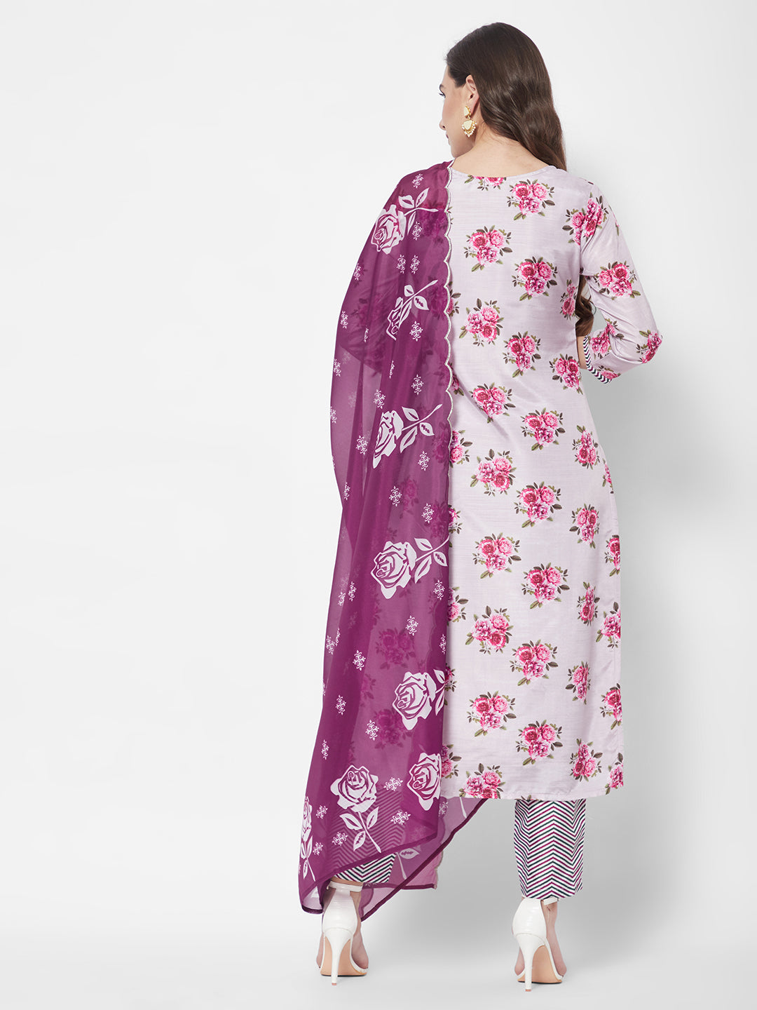 Lavender Floral Printed Chanderi Silk Kurta Set with Organza Dupatta