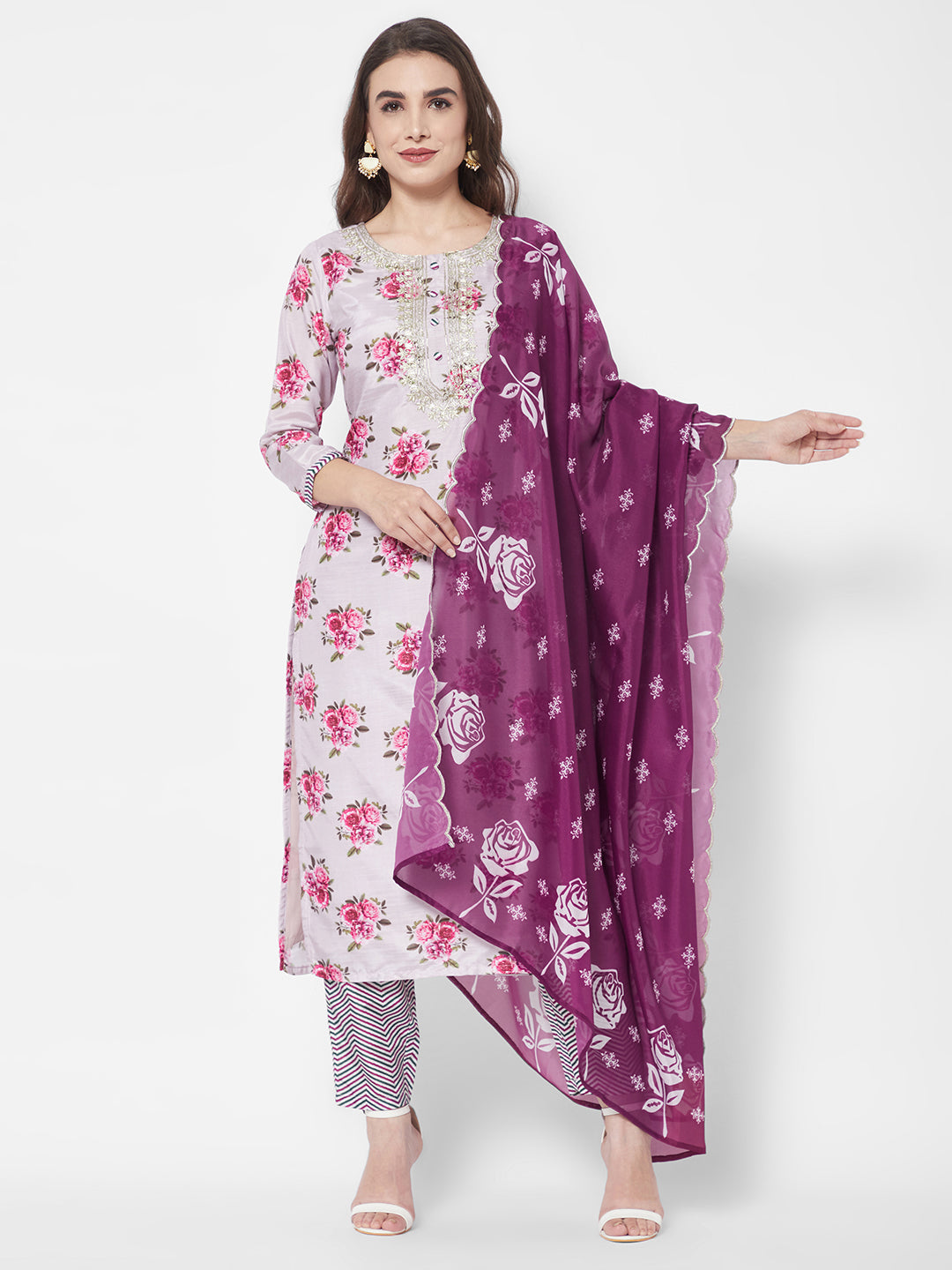Lavender Floral Printed Chanderi Silk Kurta Set with Organza Dupatta