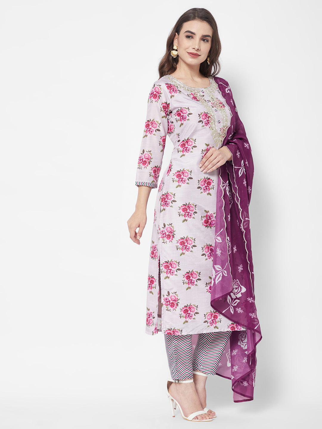 Lavender Floral Printed Chanderi Silk Kurta Set with Organza Dupatta