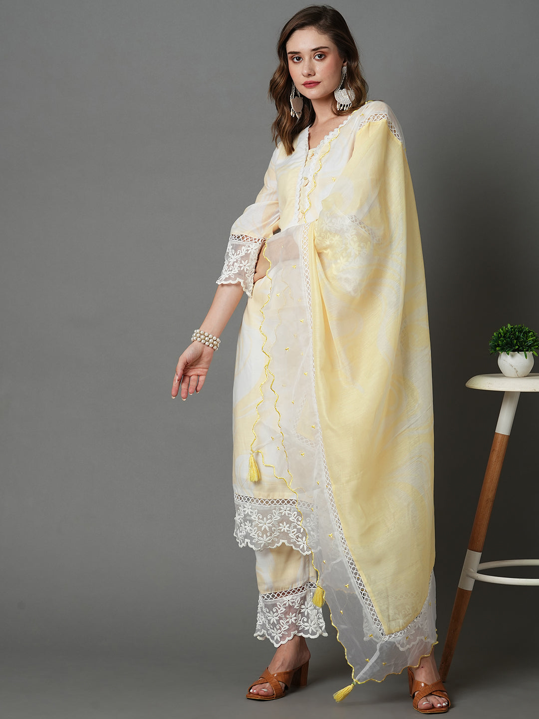 Yellow Printed Pure Cotton Kurta Set with Dupatta