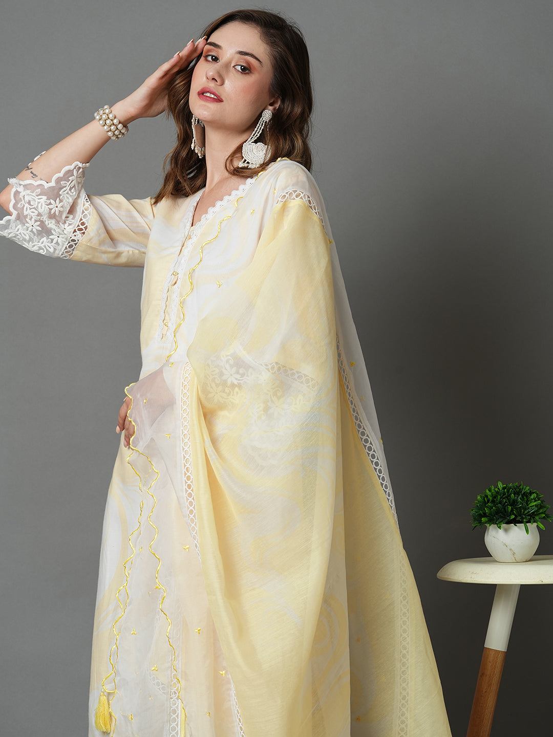 Yellow Printed Pure Cotton Kurta Set with Dupatta