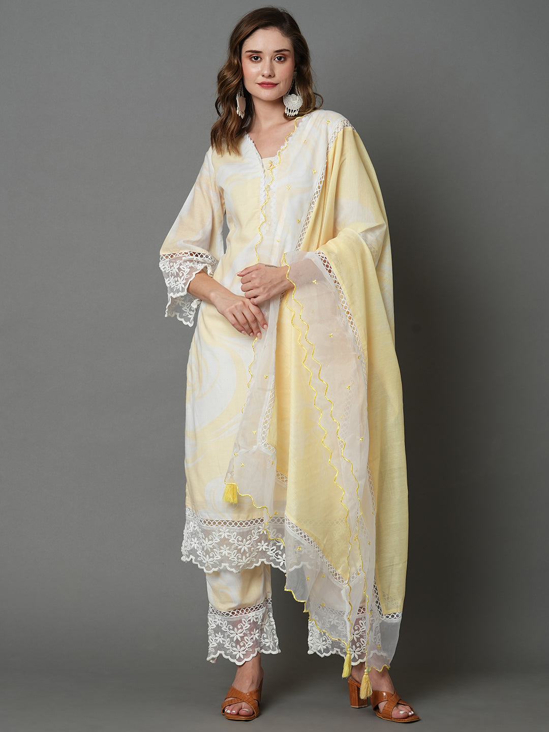 Yellow Printed Pure Cotton Kurta Set with Dupatta