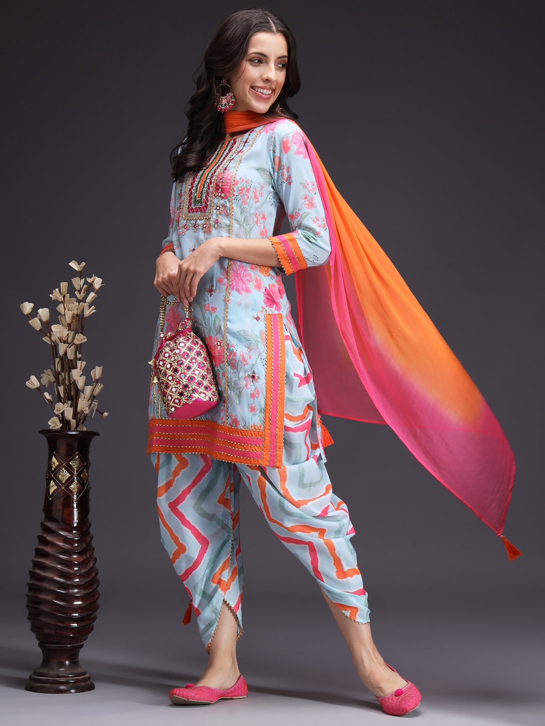 Blue Printed Kurta Dhoti Set with Chiffon Dupatta