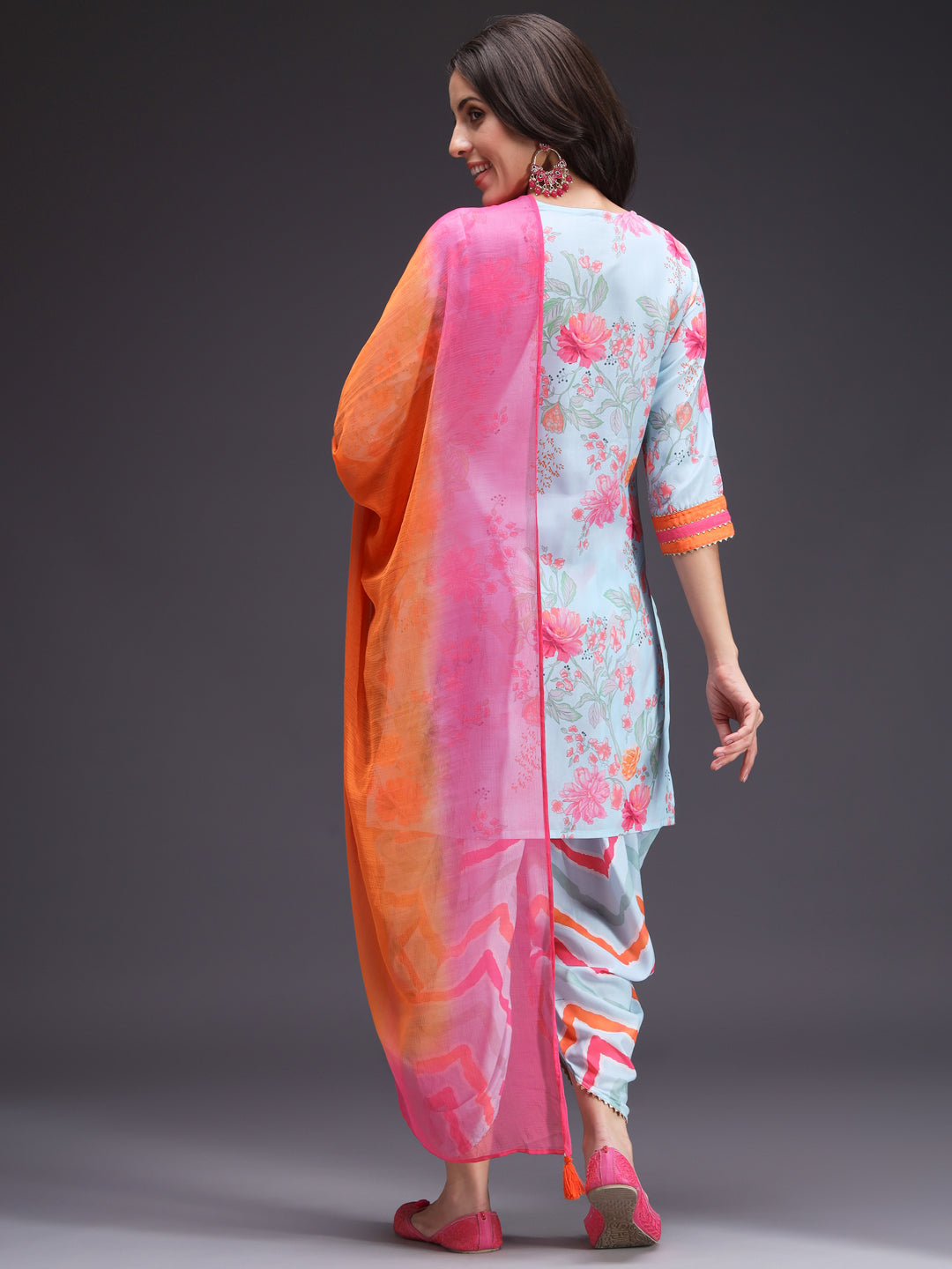 Blue Printed Kurta Dhoti Set with Chiffon Dupatta