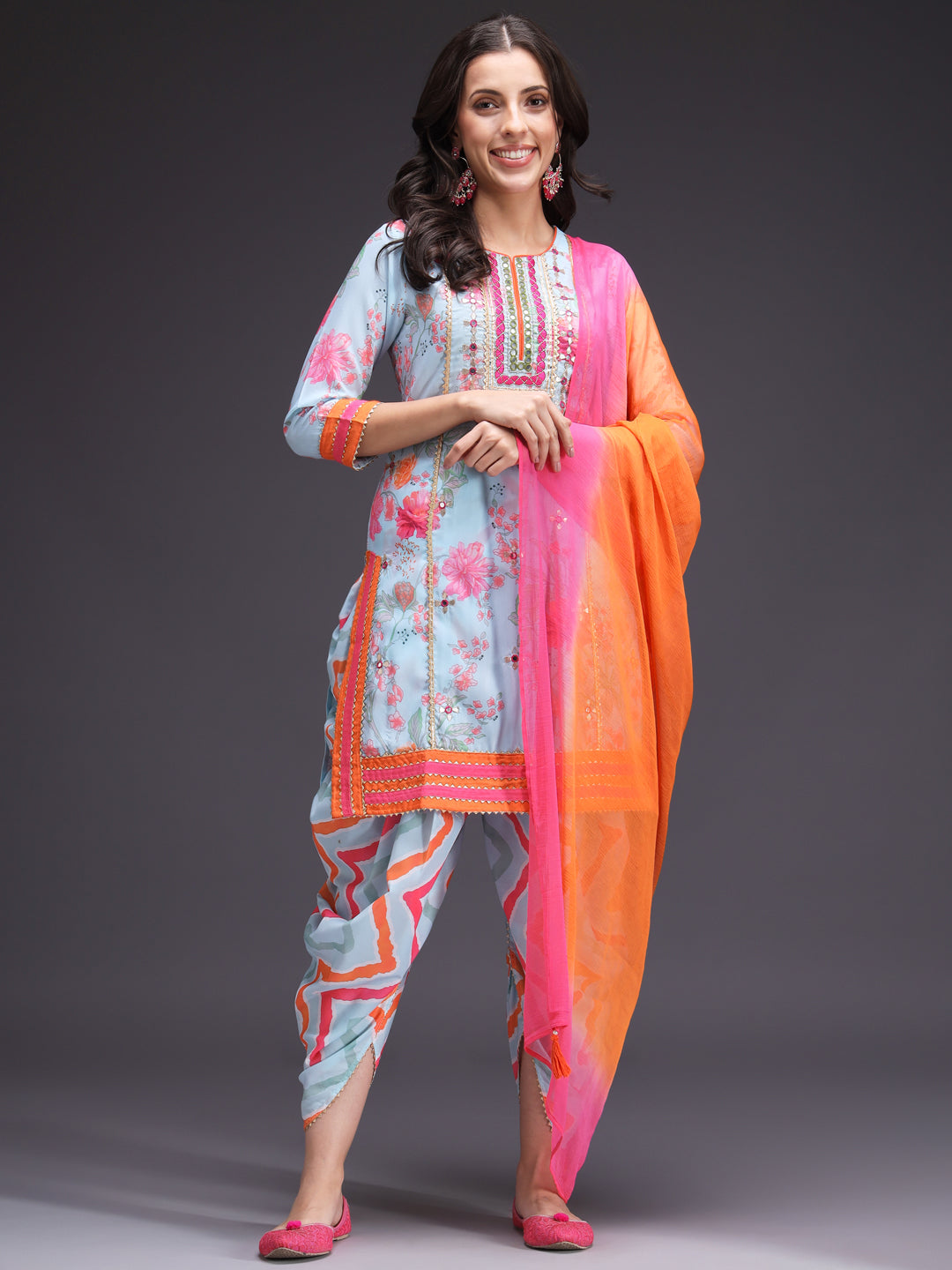 Blue Printed Kurta Dhoti Set with Chiffon Dupatta