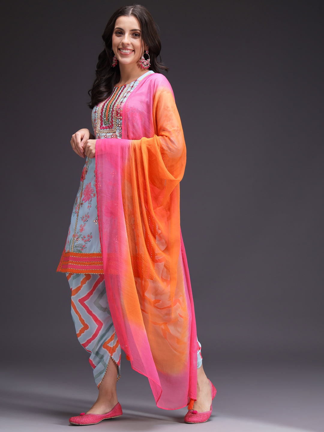 Blue Printed Kurta Dhoti Set with Chiffon Dupatta