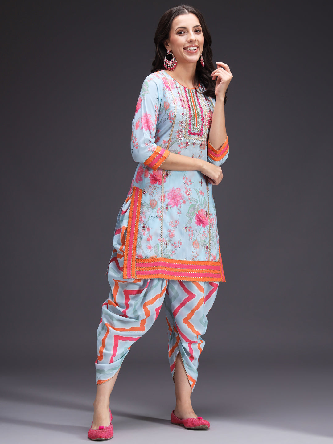 Blue Printed Kurta Dhoti Set with Chiffon Dupatta