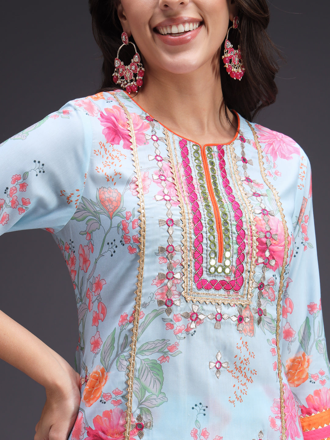 Blue Printed Kurta Dhoti Set with Chiffon Dupatta