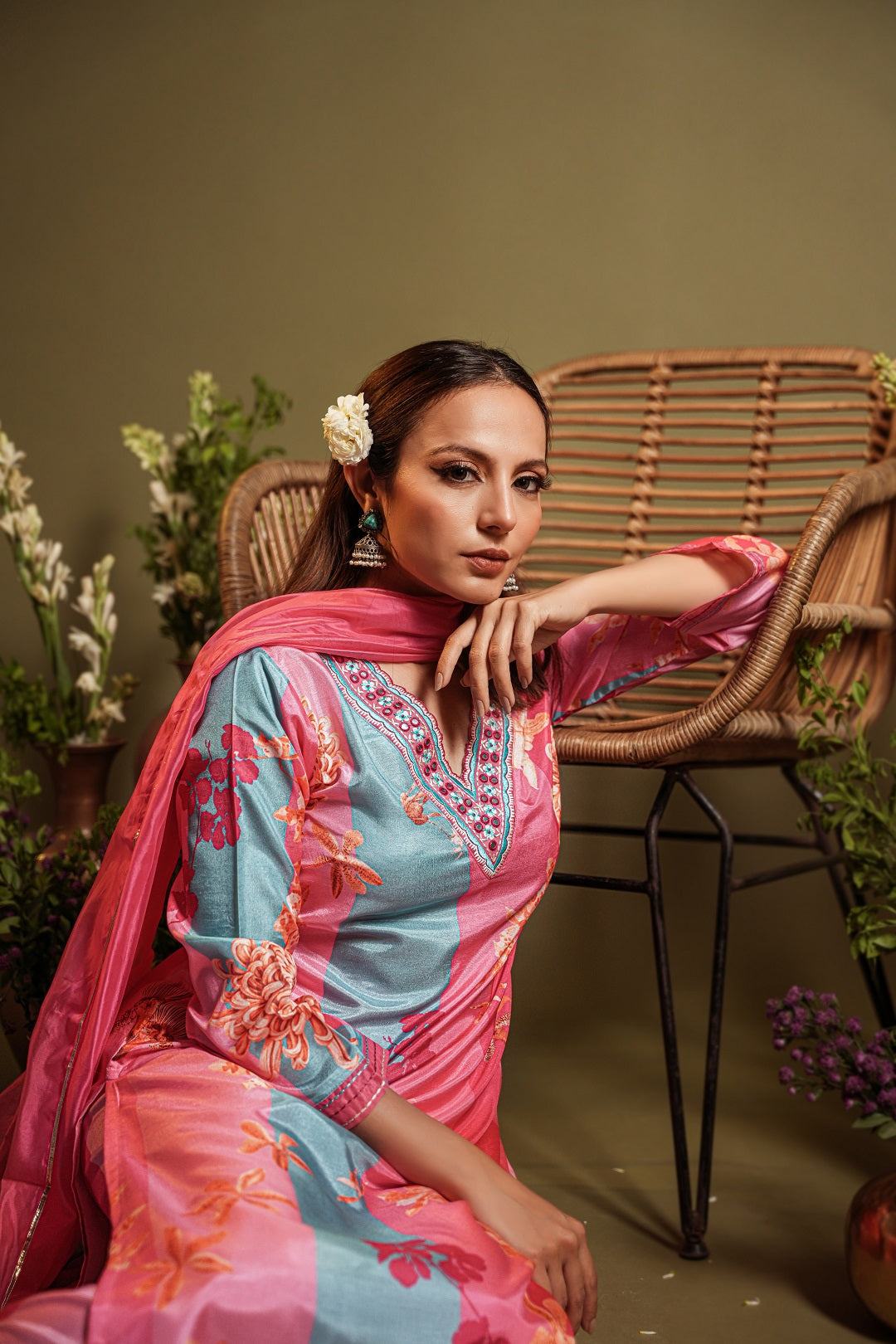Pink Floral Printed and Embroidered Neck Kurta with Trouser & Dupatta