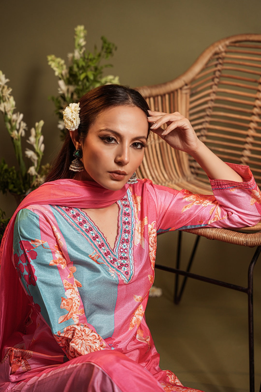 Pink Floral Printed and Embroidered Neck Kurta with Trouser & Dupatta