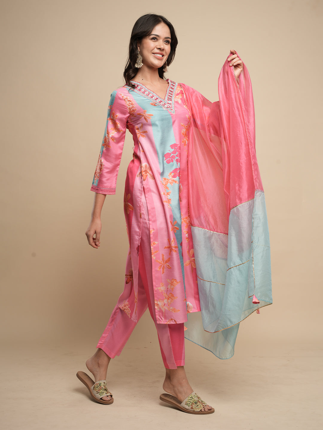 Pink Floral Printed and Embroidered Neck Kurta with Trouser & Dupatta