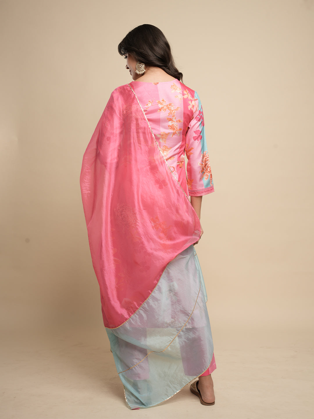 Pink Floral Printed and Embroidered Neck Kurta with Trouser & Dupatta