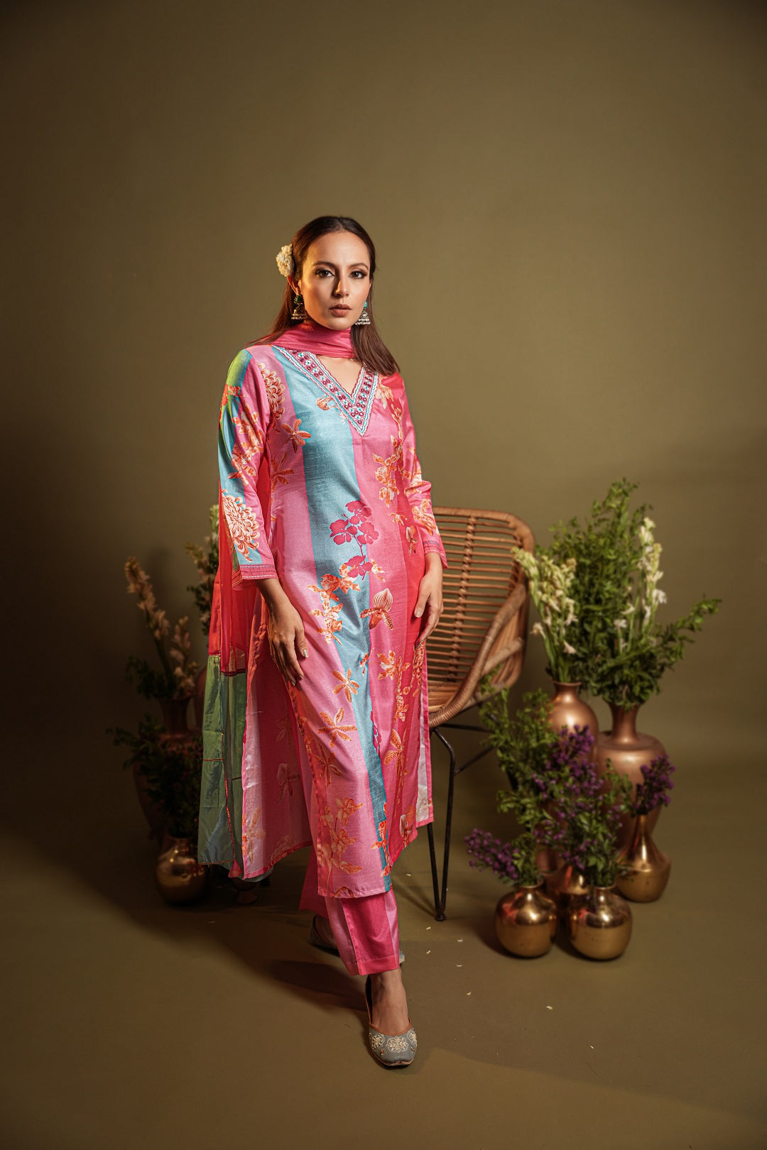 Pink Floral Printed and Embroidered Neck Kurta with Trouser & Dupatta