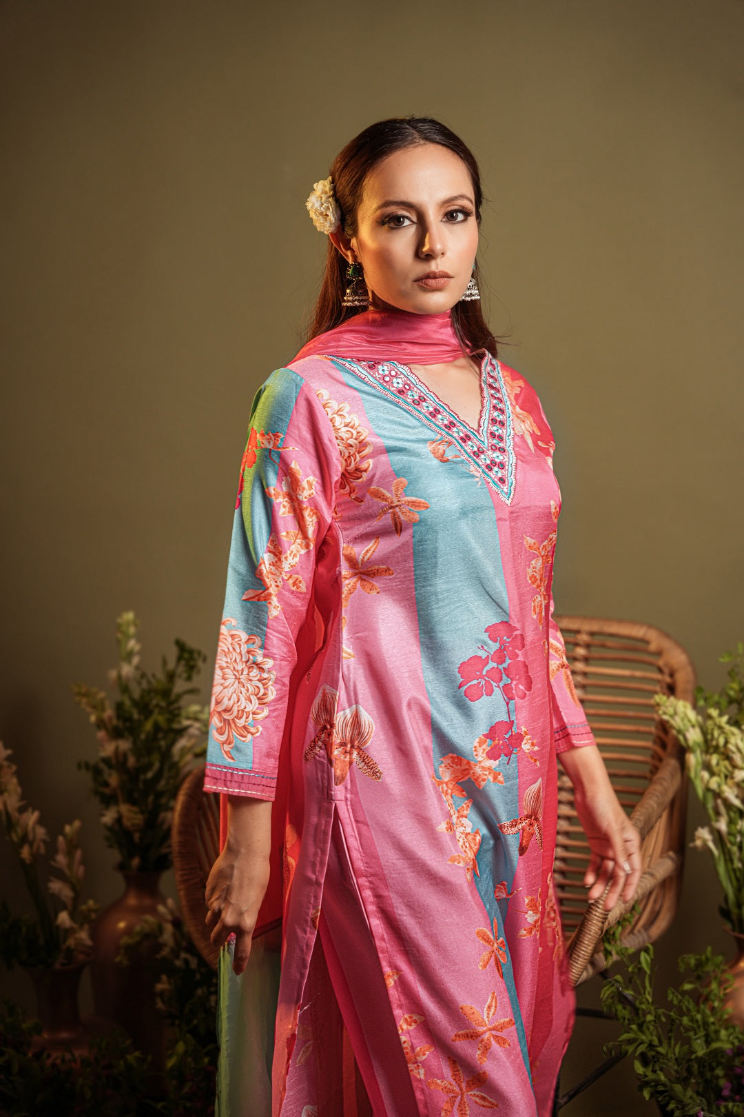 Pink Floral Printed and Embroidered Neck Kurta with Trouser & Dupatta