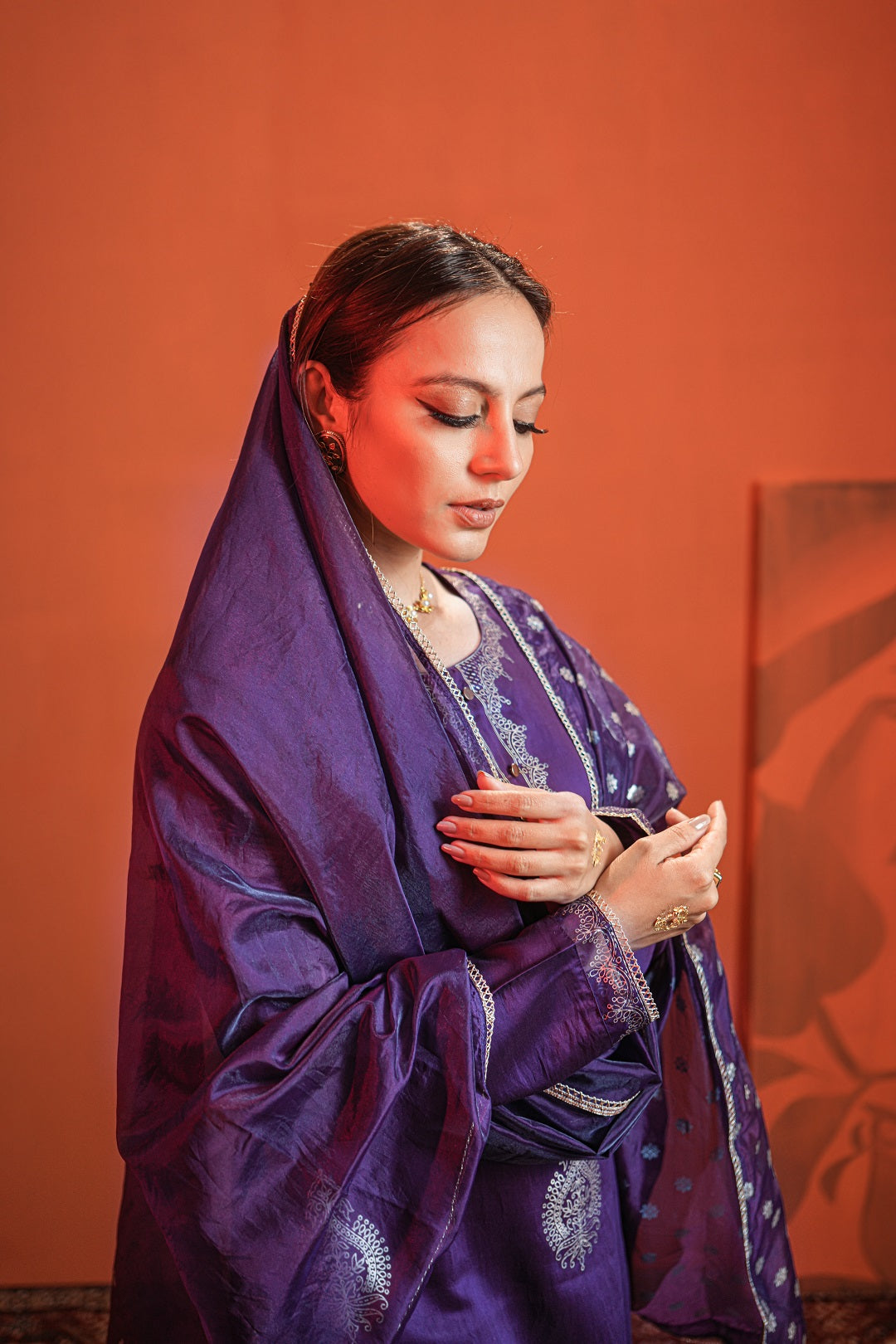 Purple Khari Printed Kurta with Trouser & Dupatta