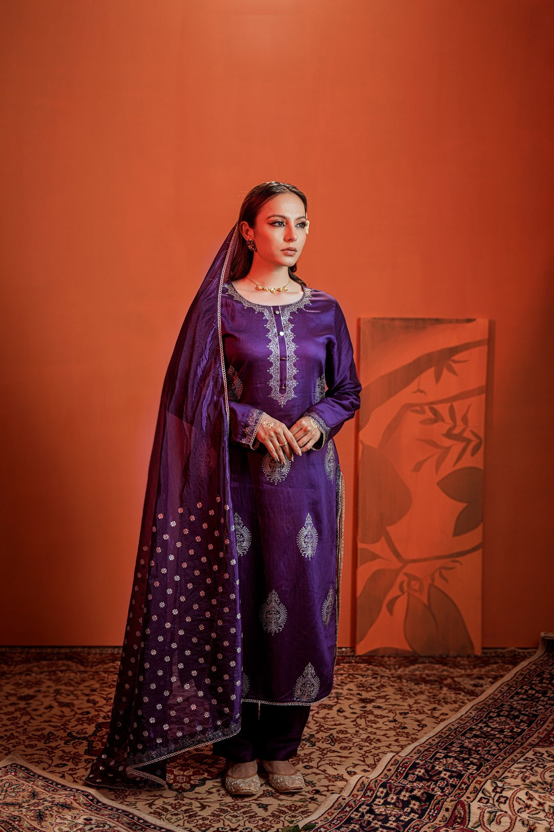 Purple Khari Printed Kurta with Trouser & Dupatta