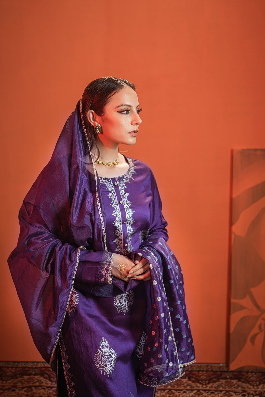Purple Khari Printed Kurta with Trouser & Dupatta